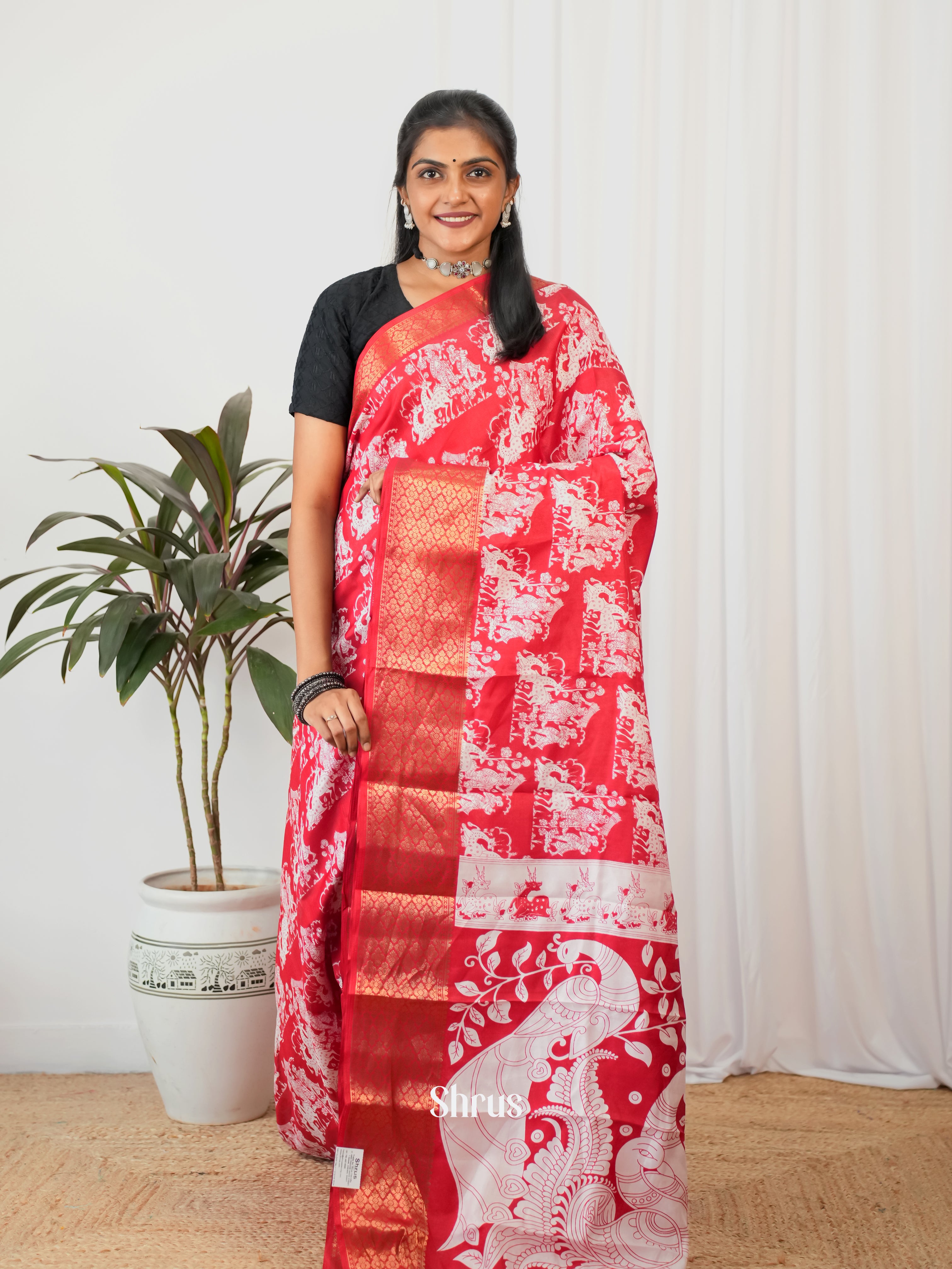 Red - Semi Crepe Saree