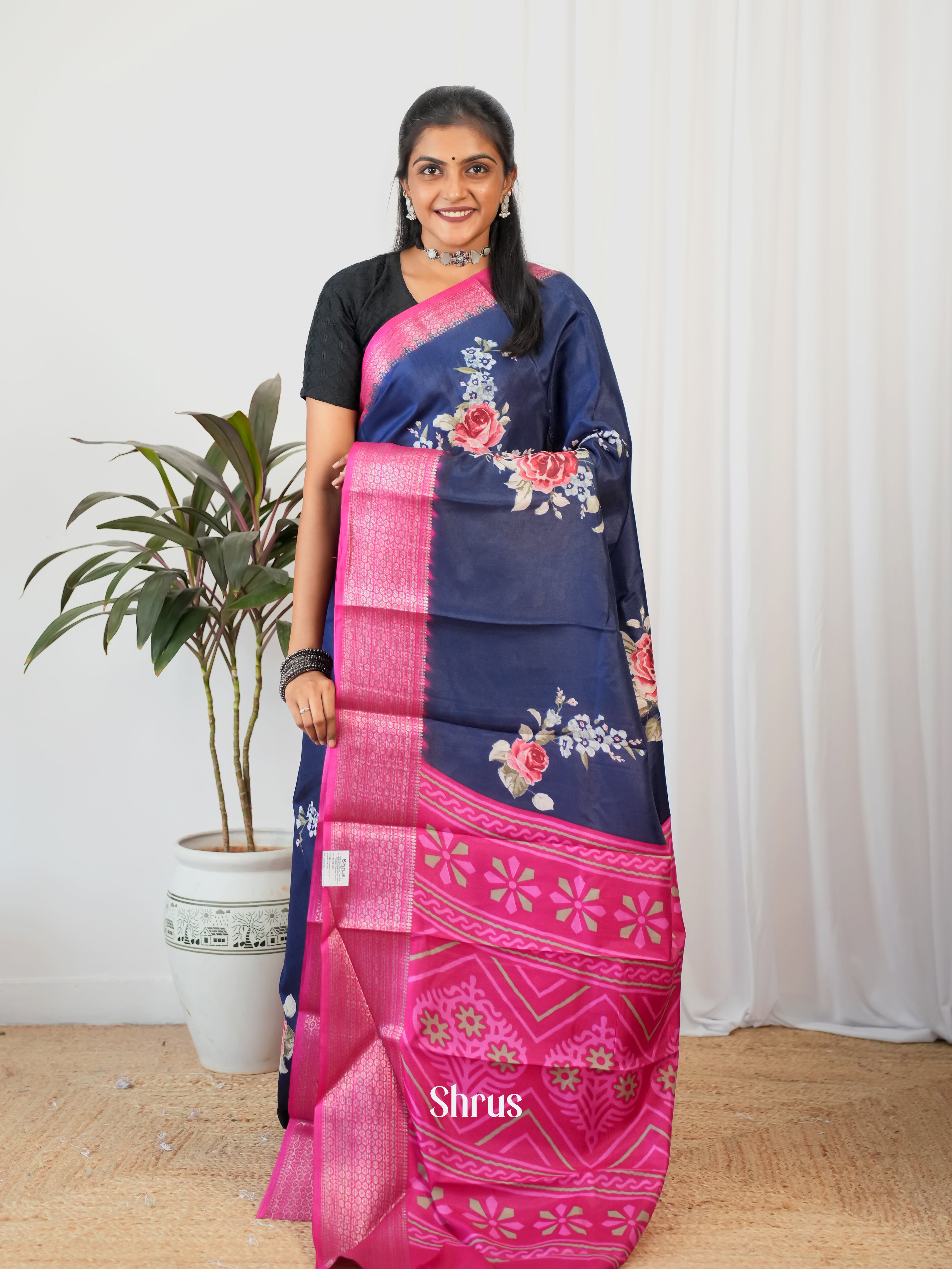 Blue &  Pink  - Semi Crepe Saree