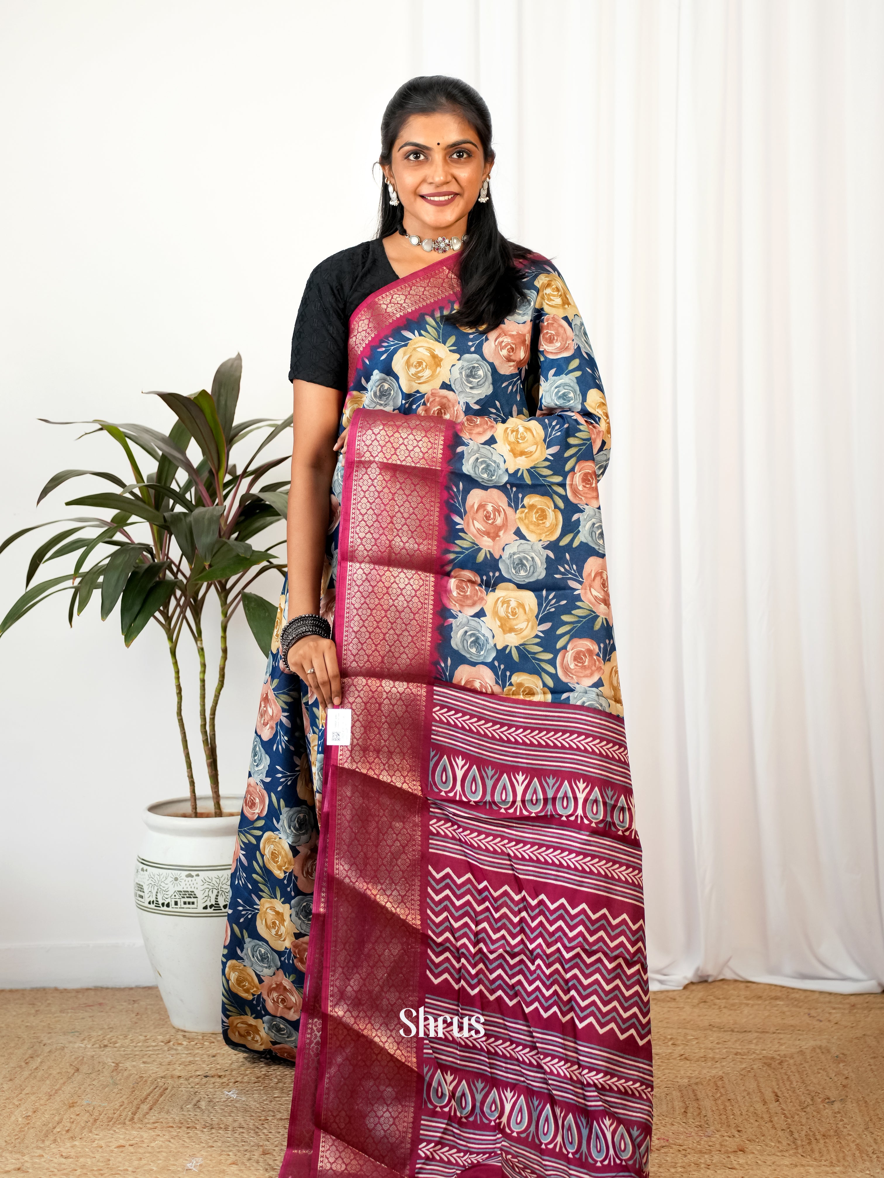 Blue & Maroon - Semi Crepe Saree