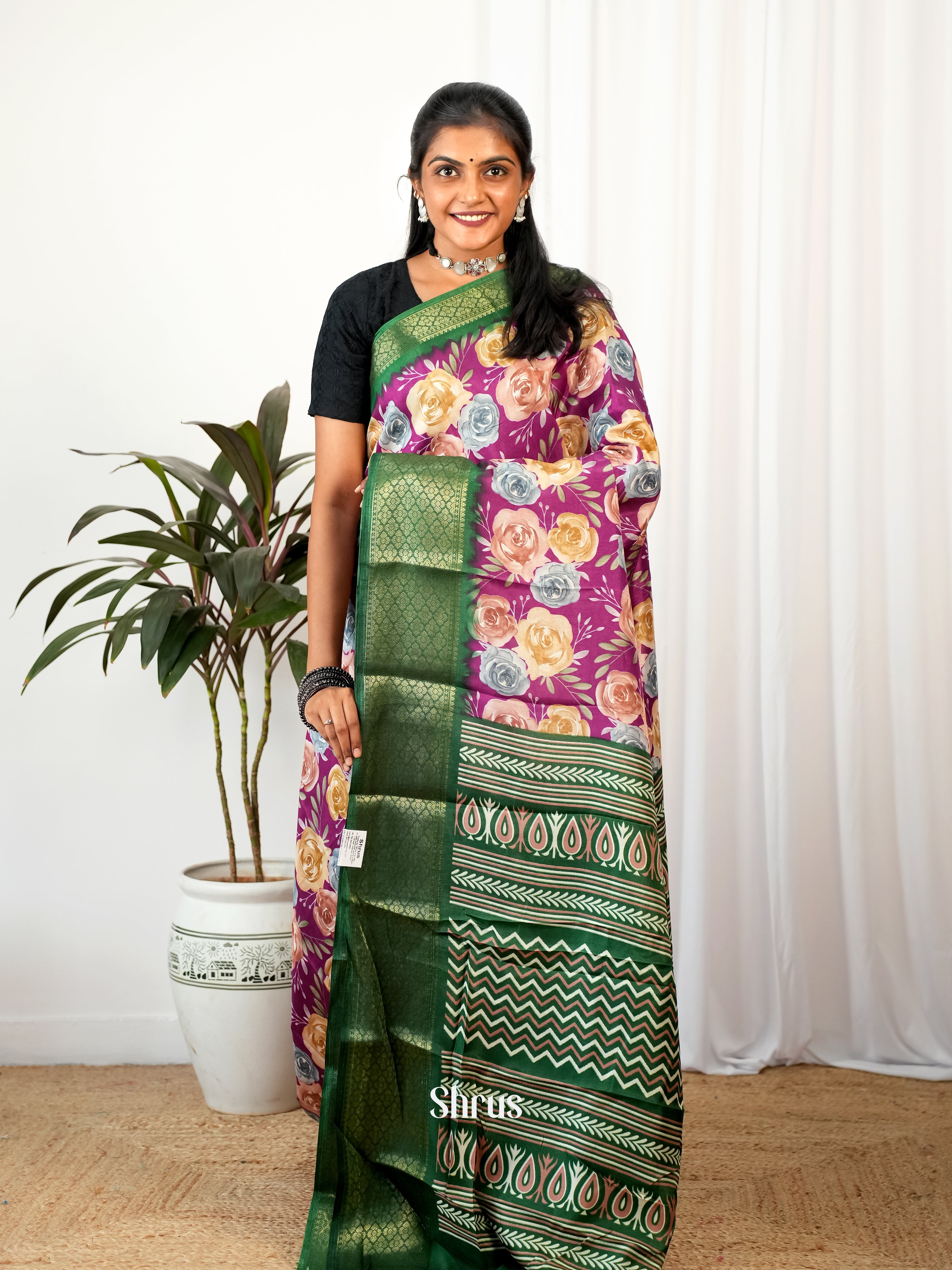 Purple & Green - Semi Crepe Saree