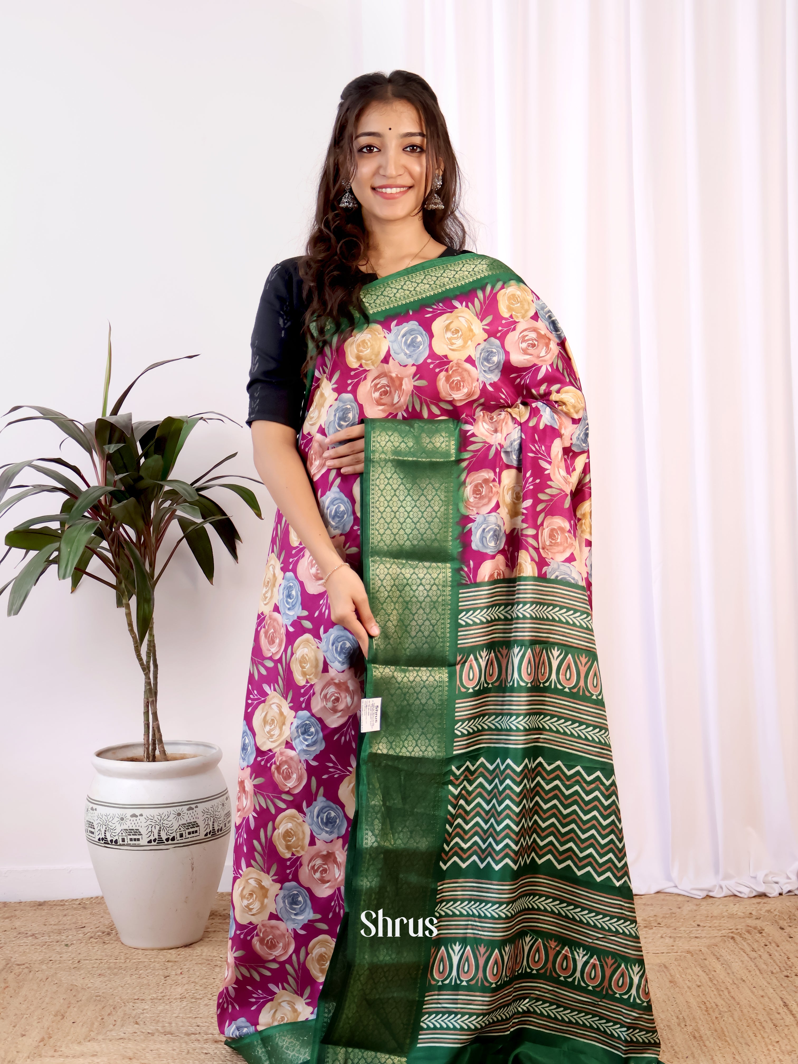 Purple & Green - Semi Crepe Saree