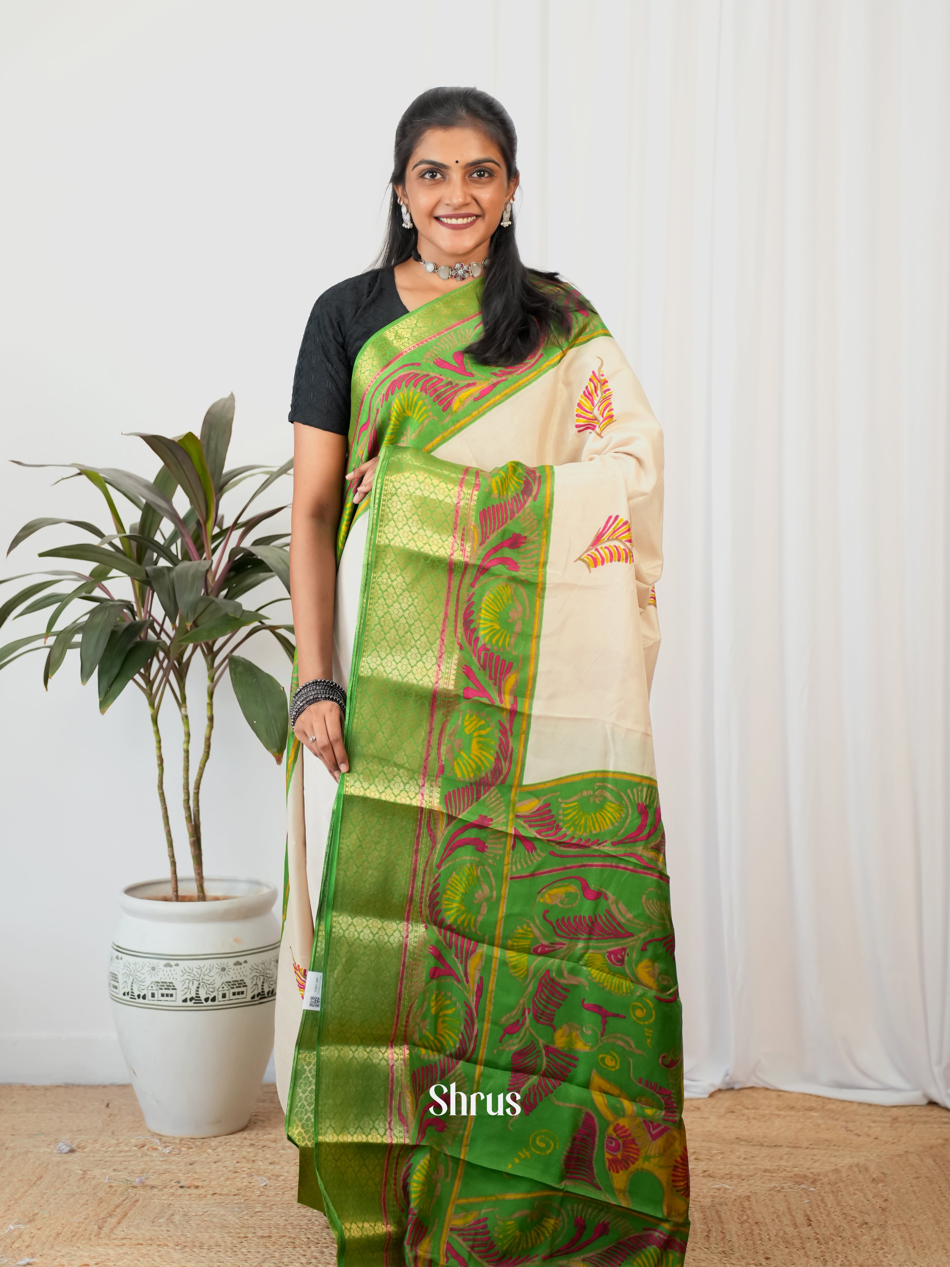 Cream & Green - Semi Crepe Saree