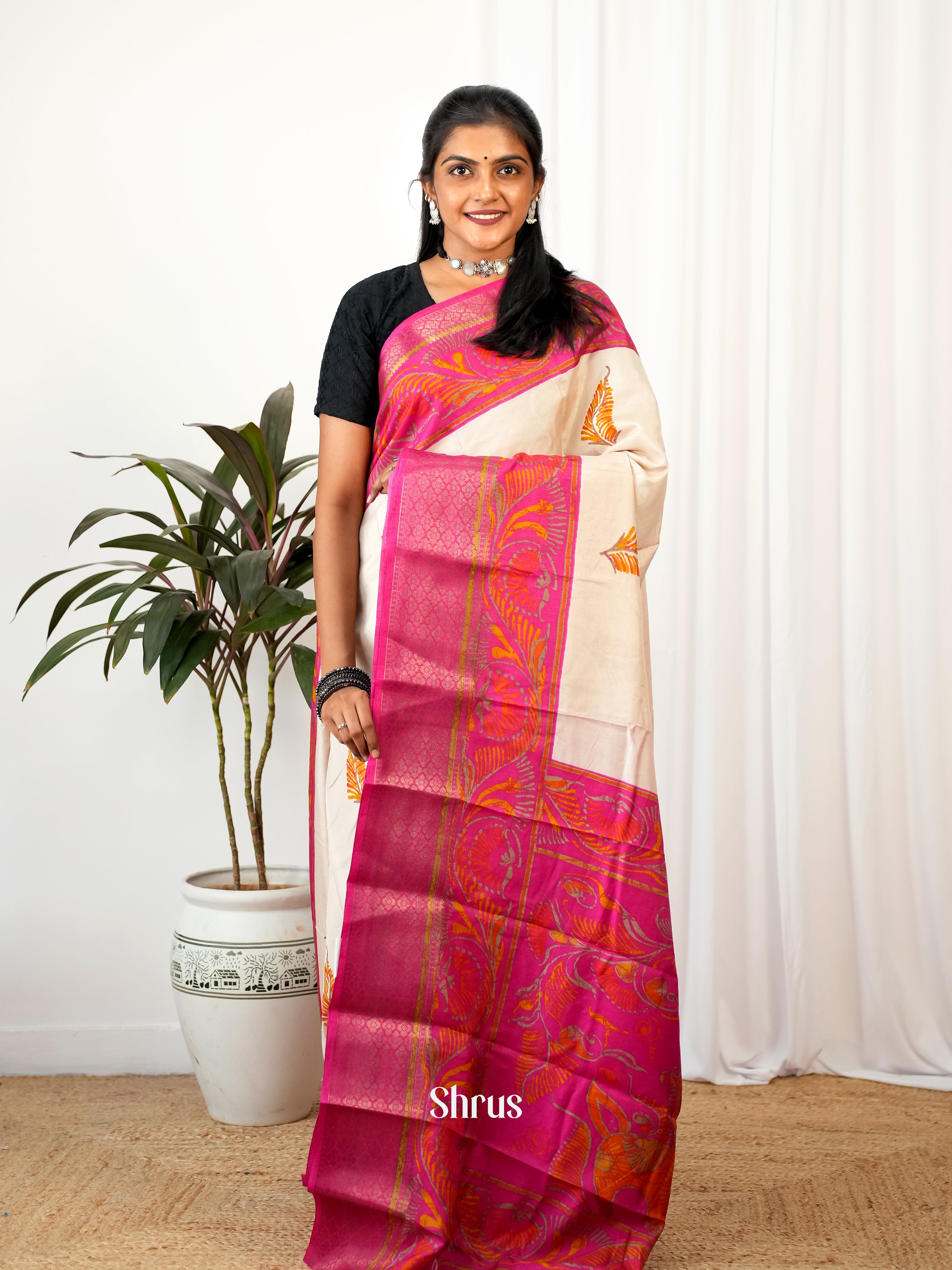 Cream & Pink - Semi Crepe Saree