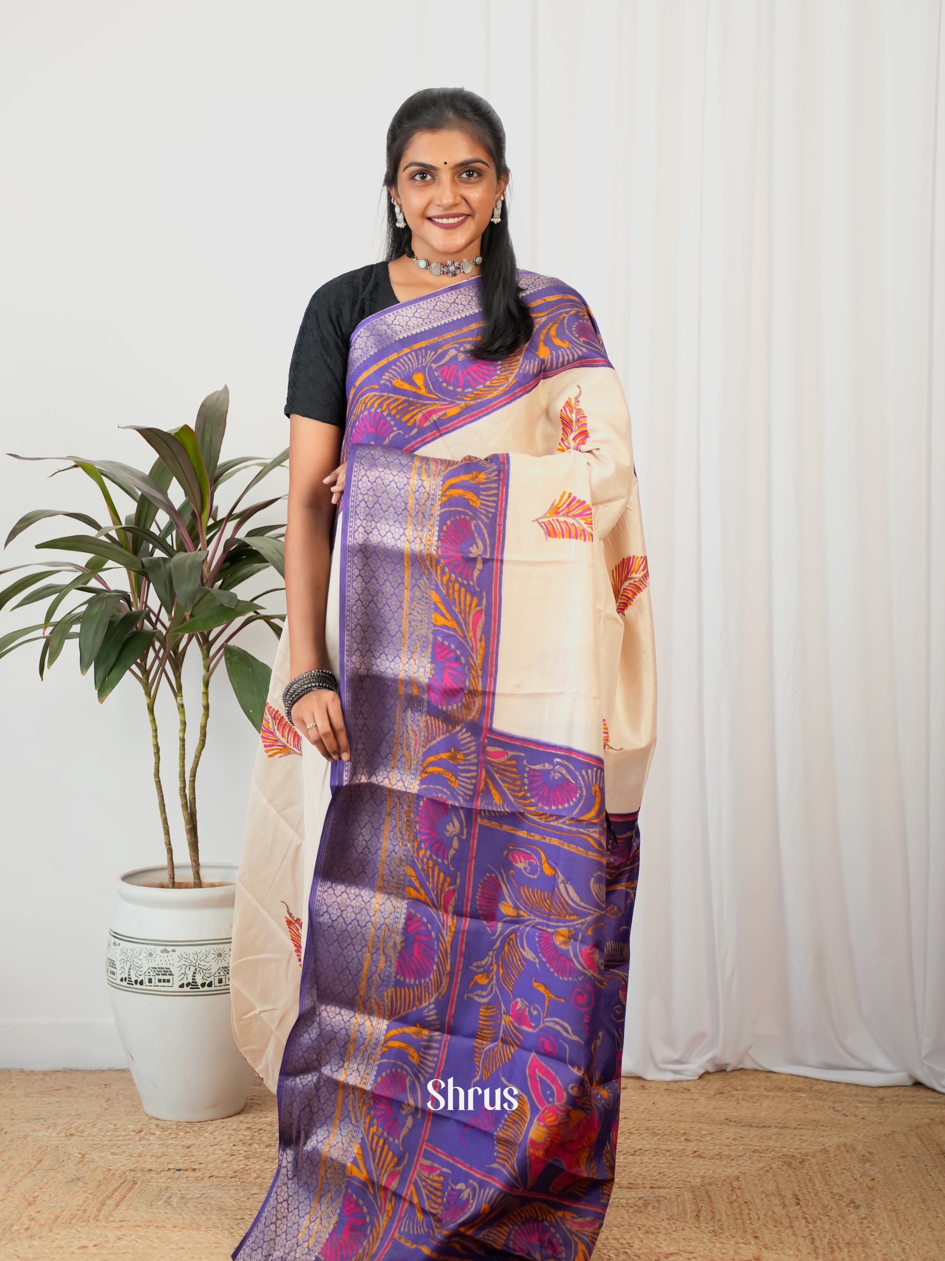 Cream & Purple - Semi Crepe Saree