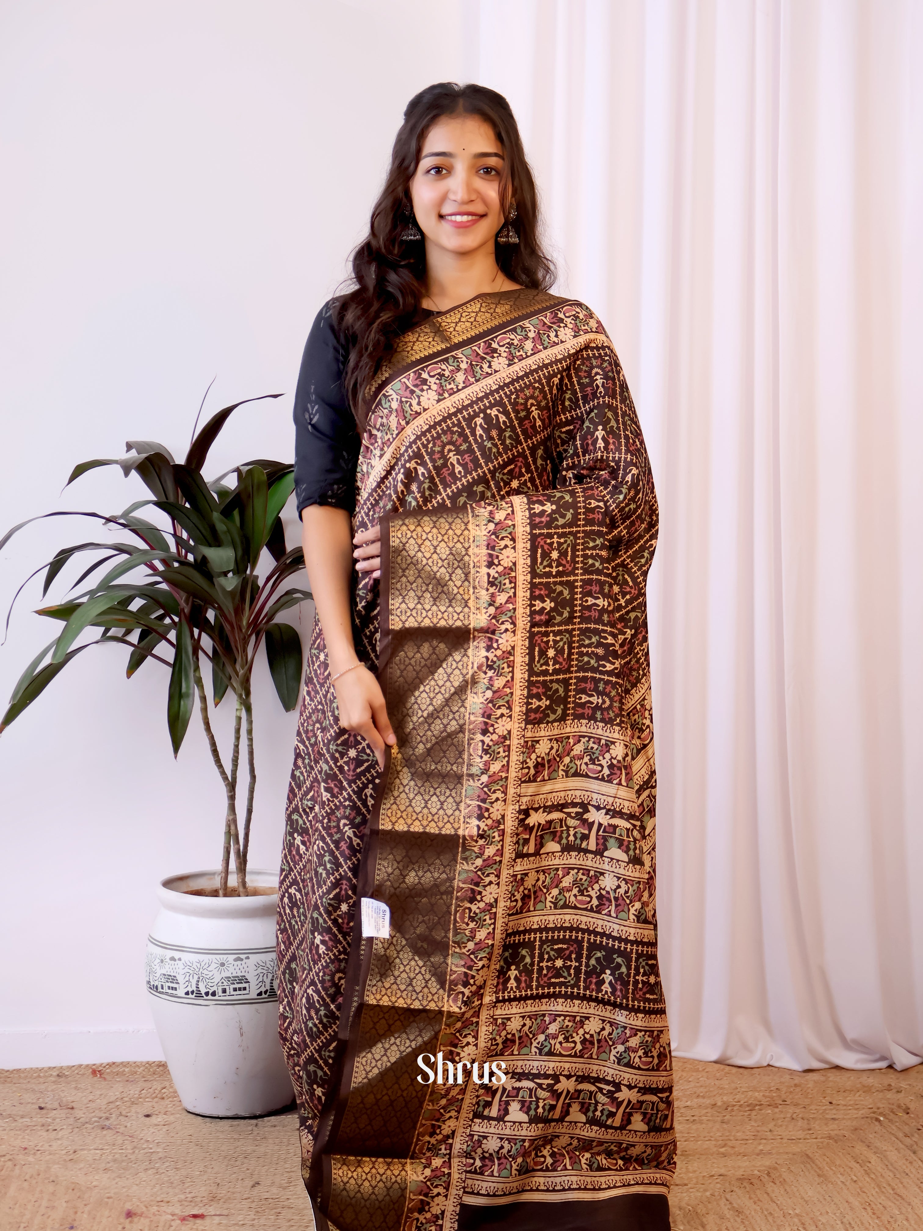 Brown - Semi Crepe Saree