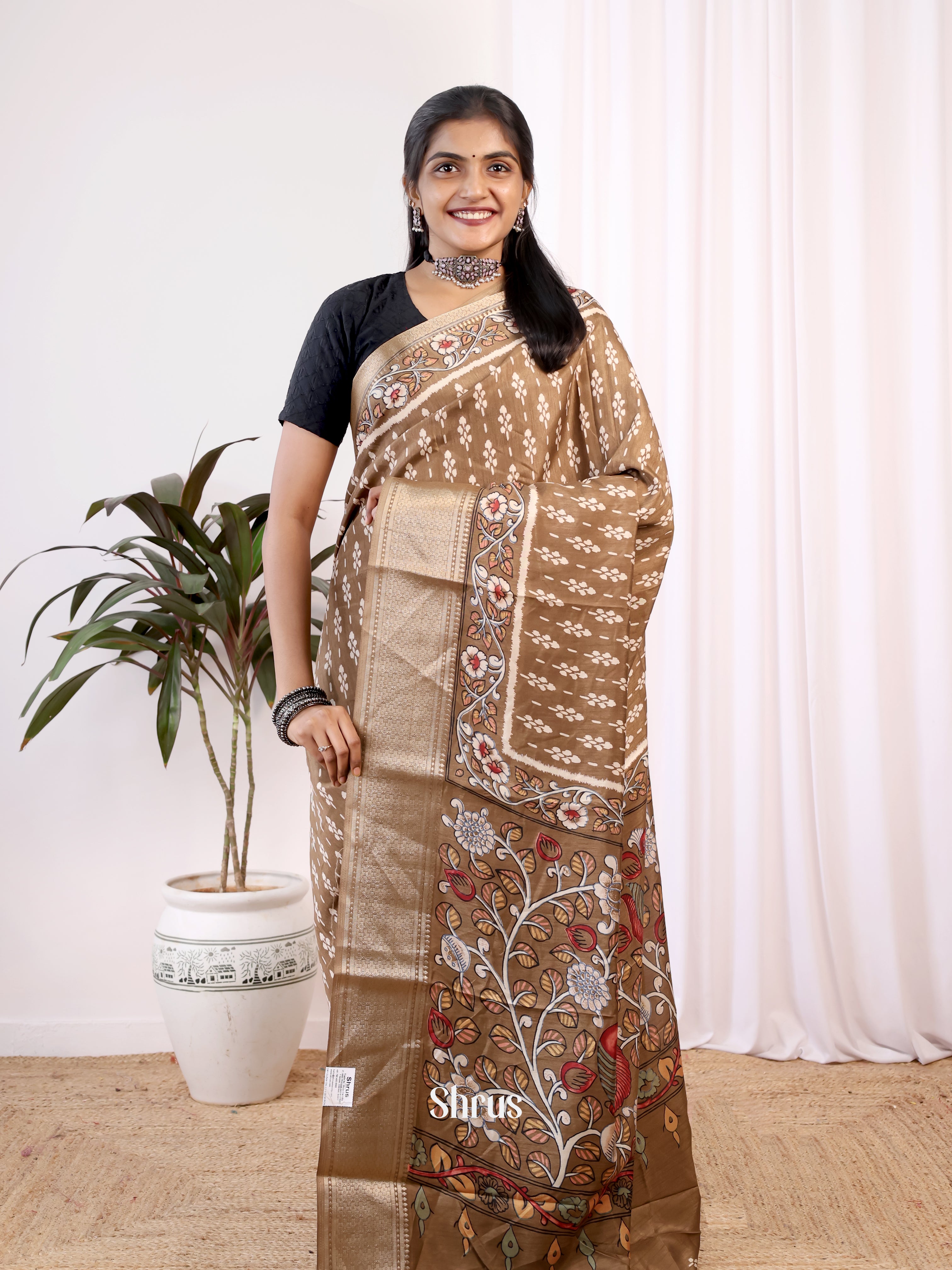 Brown - Semi Crepe Saree