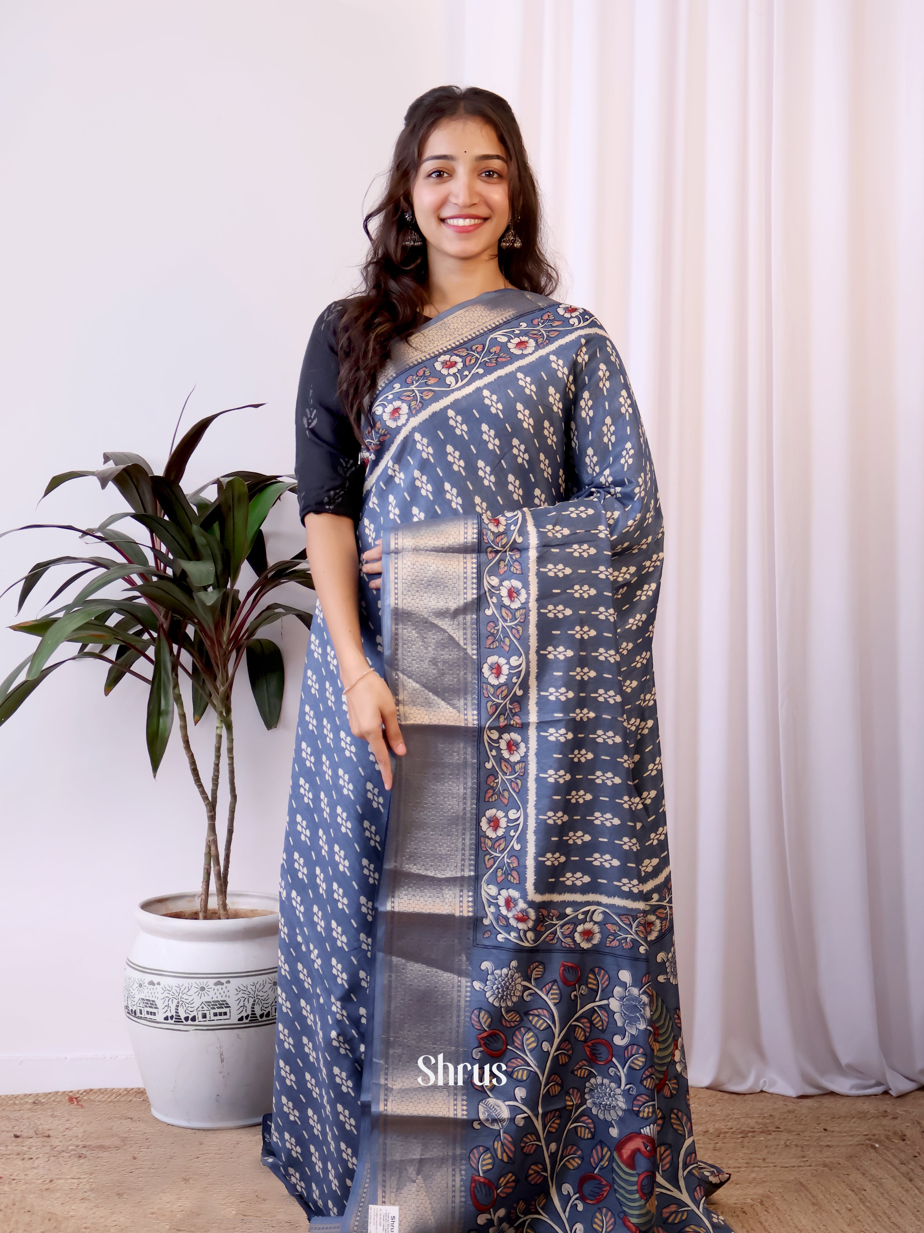 Bluish Grey - Semi Crepe Saree