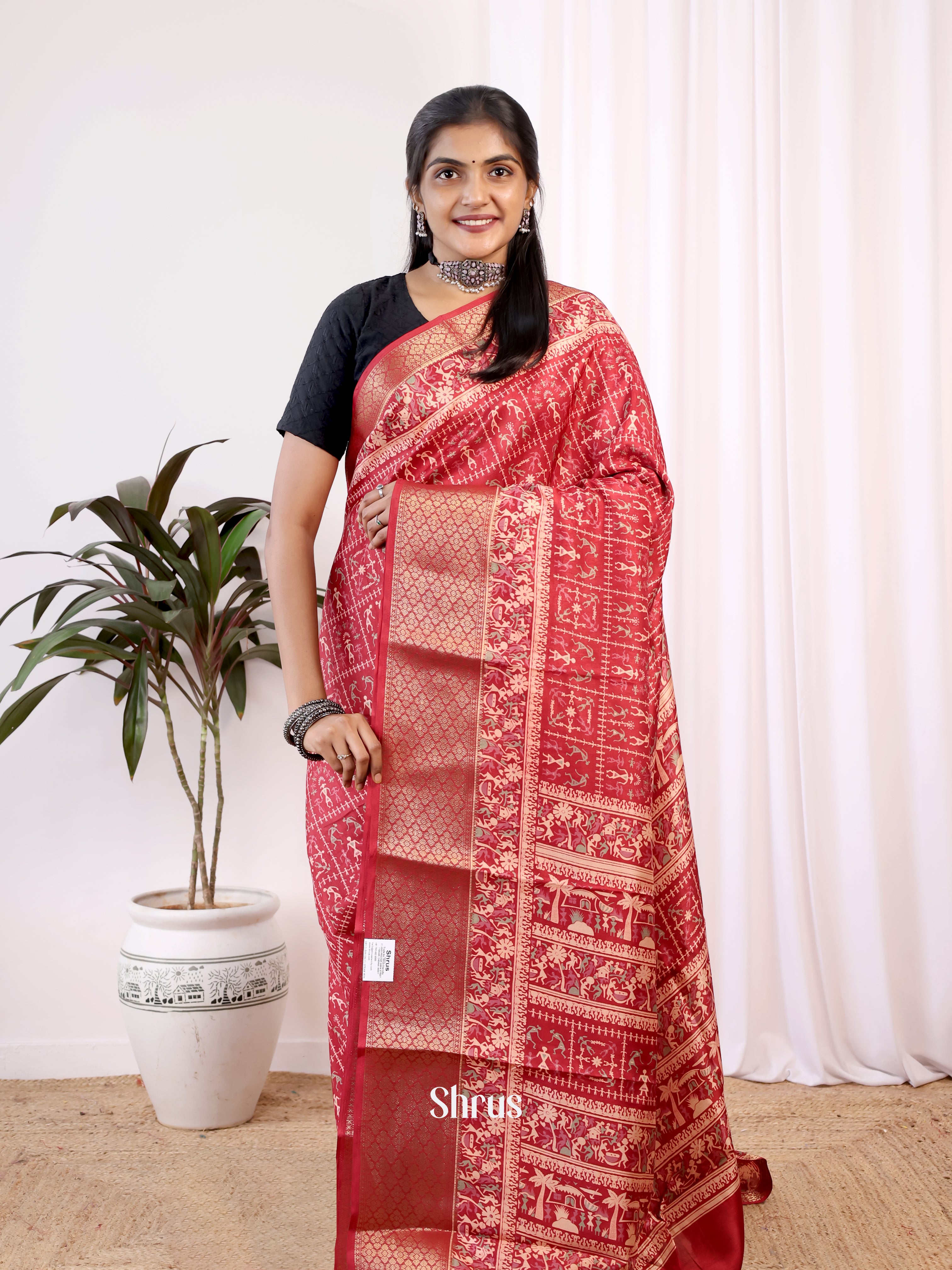 Red - Semi Crepe Saree