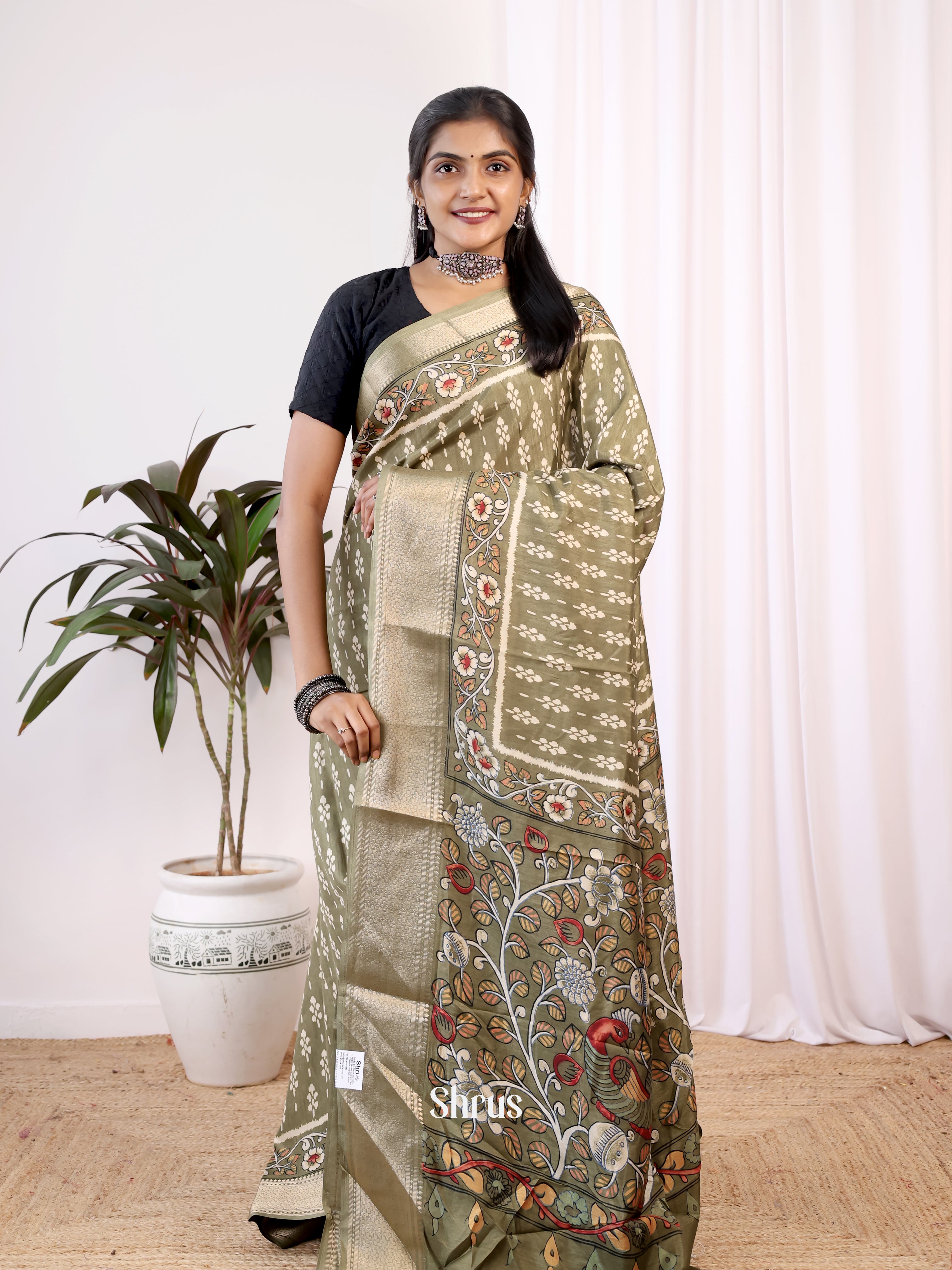 Grey Green- Semi Crepe Saree