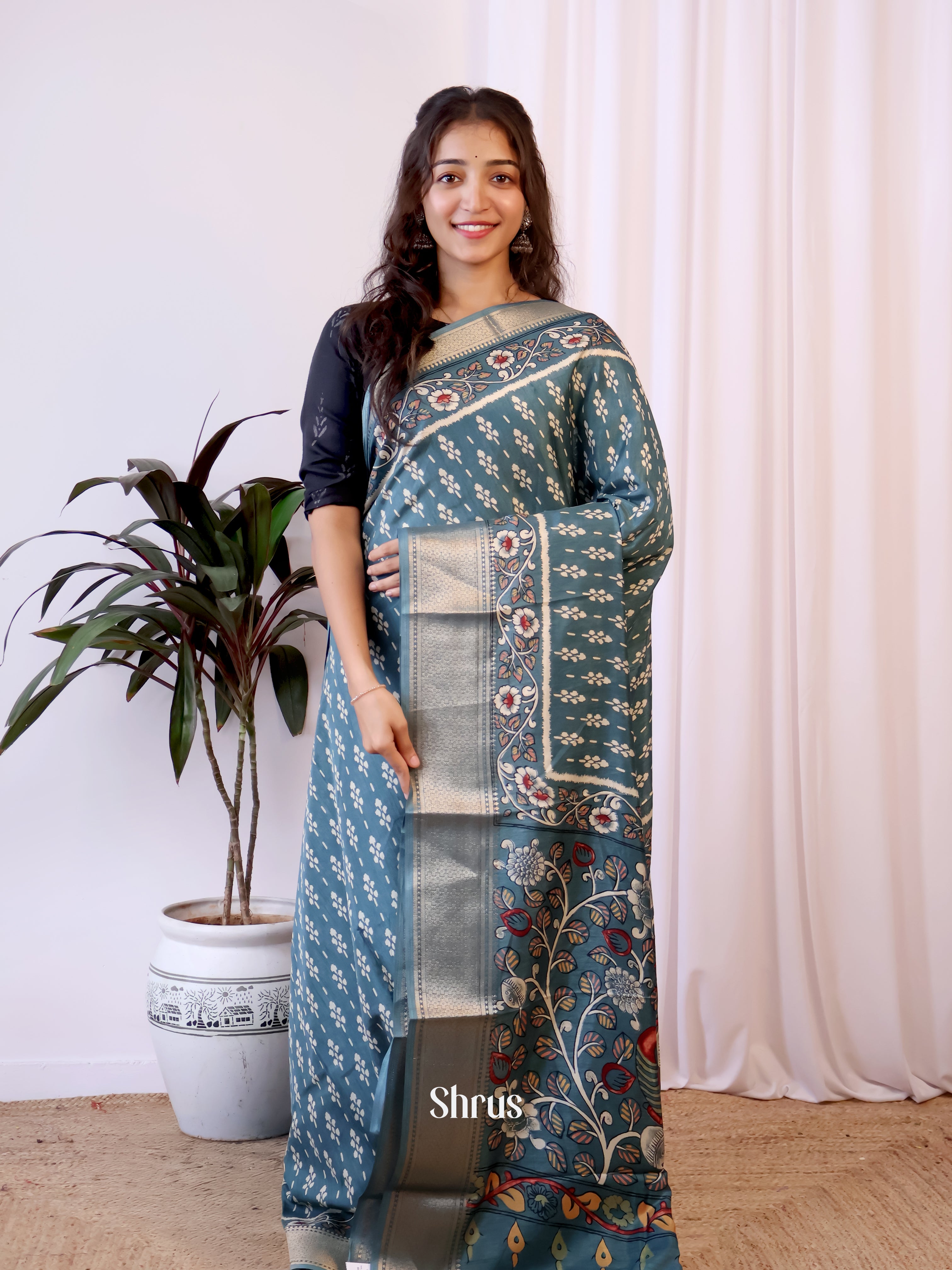 Blue - Semi Crepe Saree