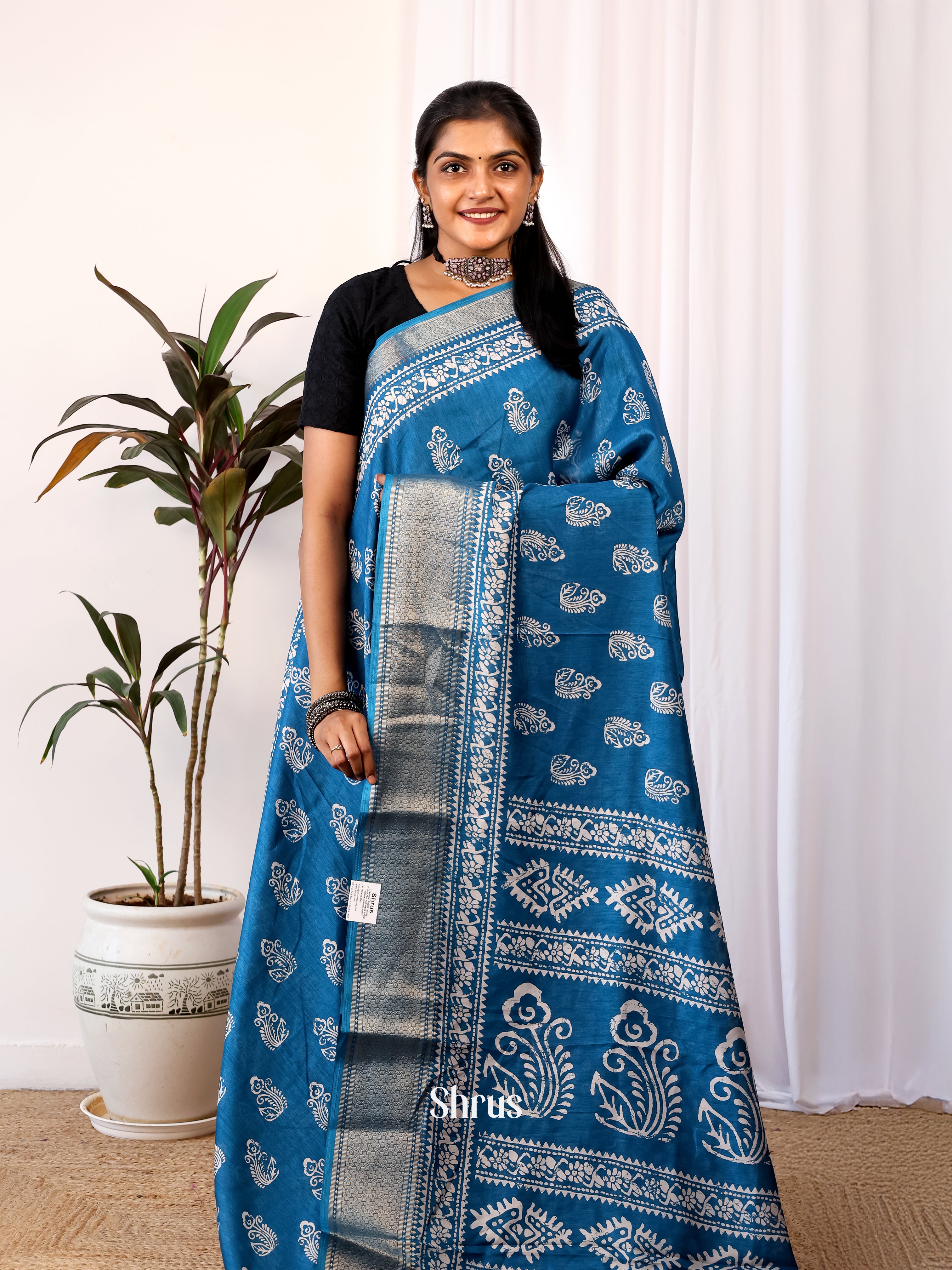 Blue - Semi Crepe Saree