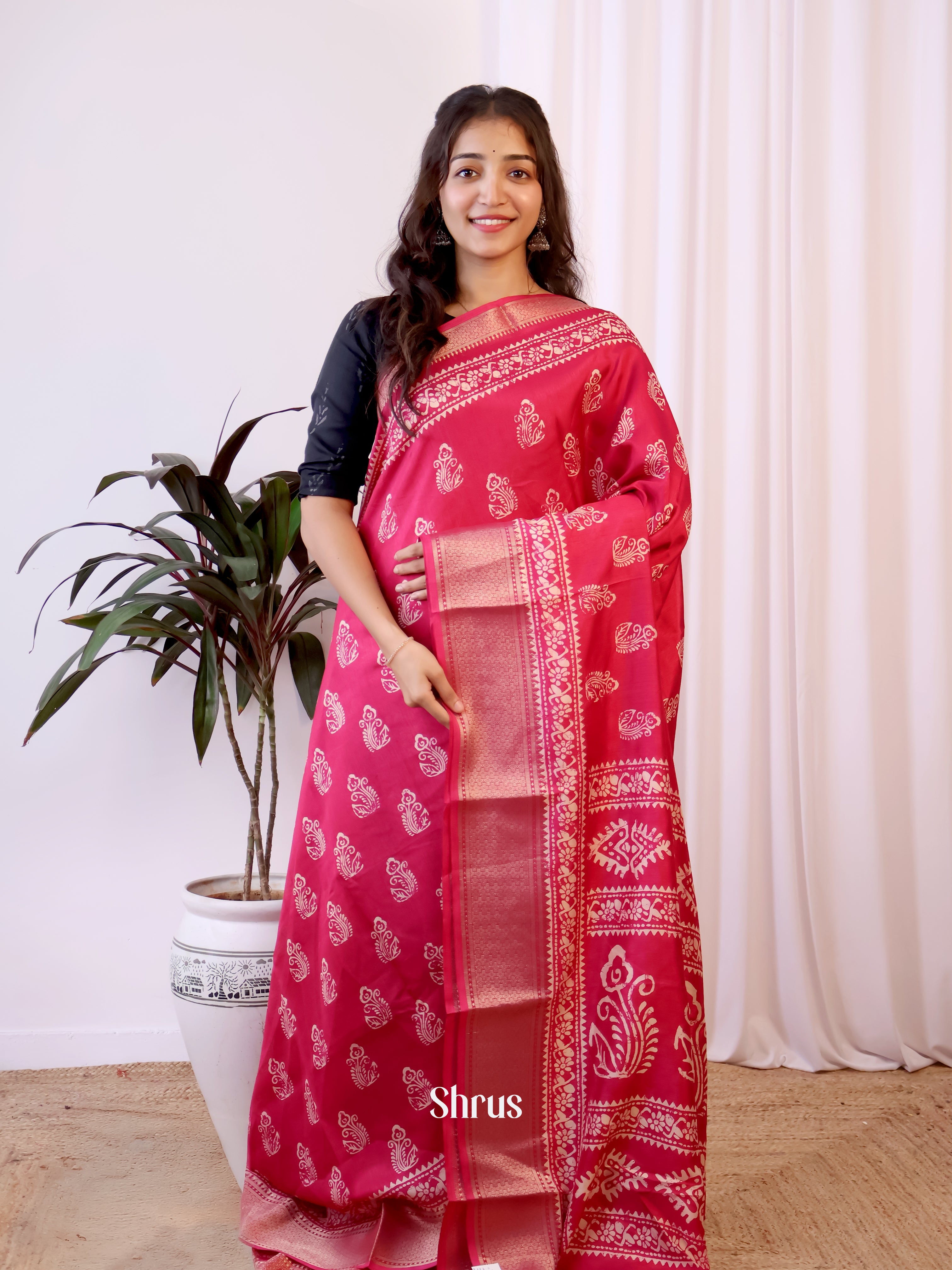 Pink - Semi Crepe Saree