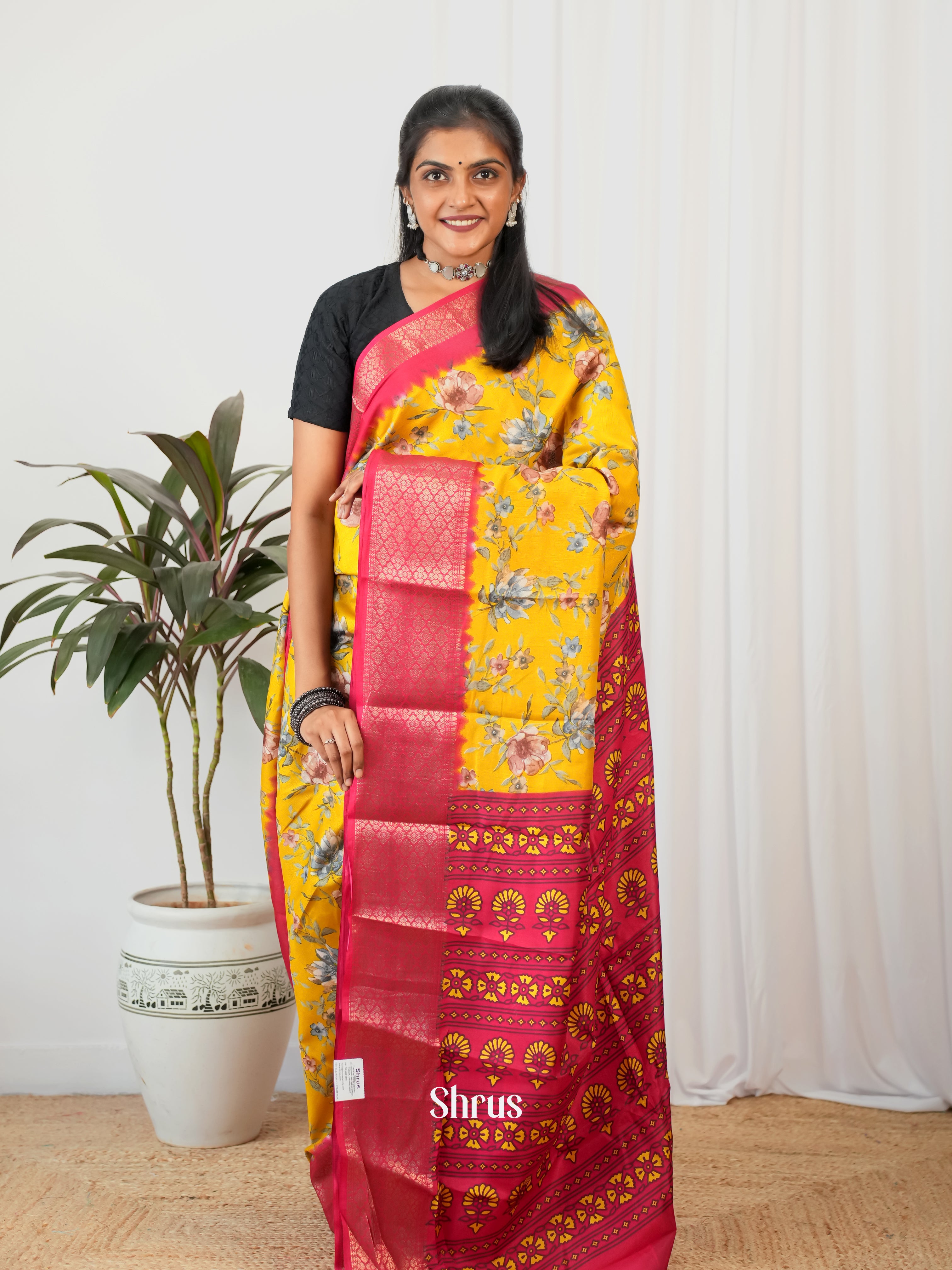 Yellow & Red - Semi Crepe Saree