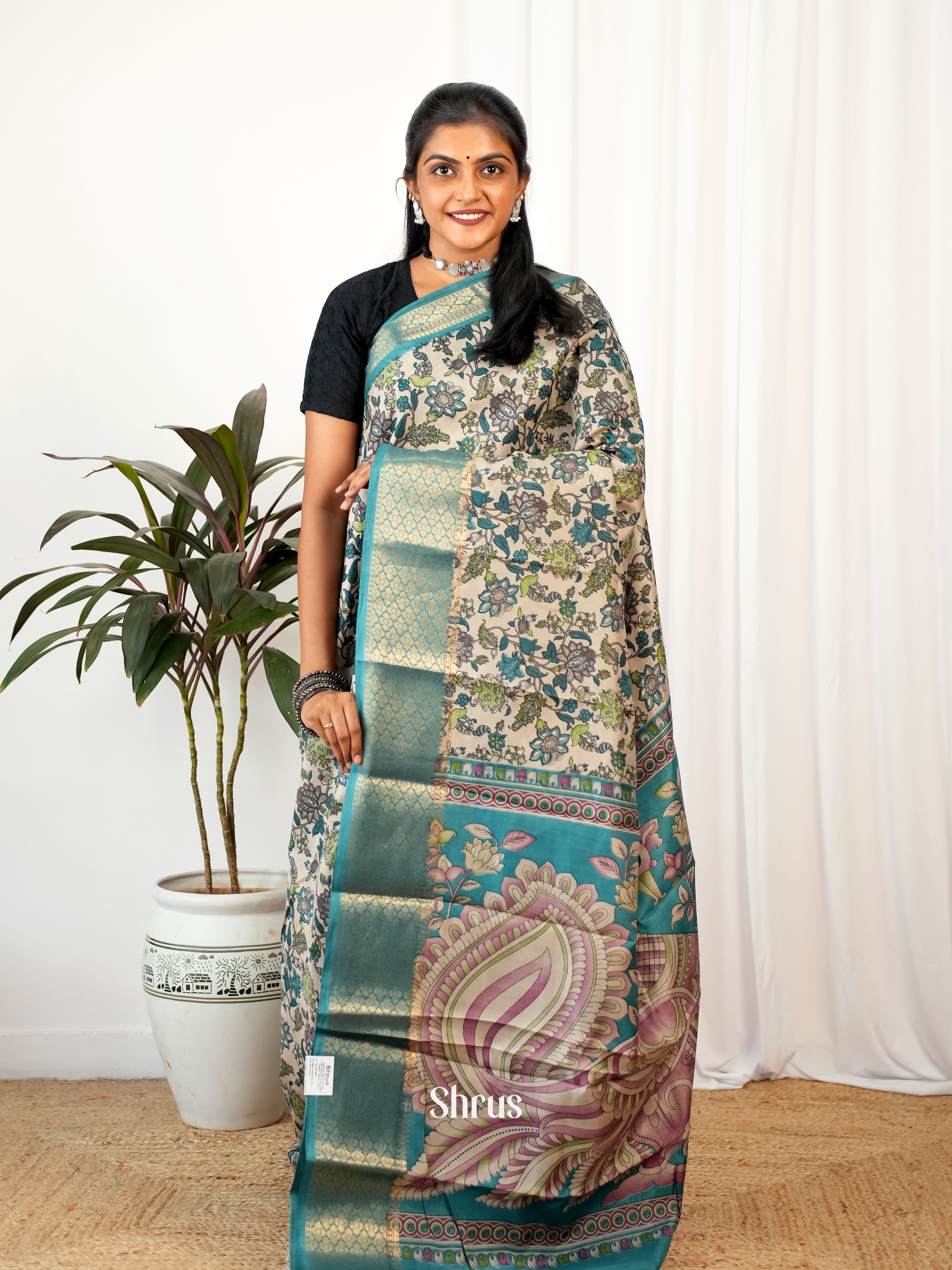 Cream & Green - Semi Crepe Saree