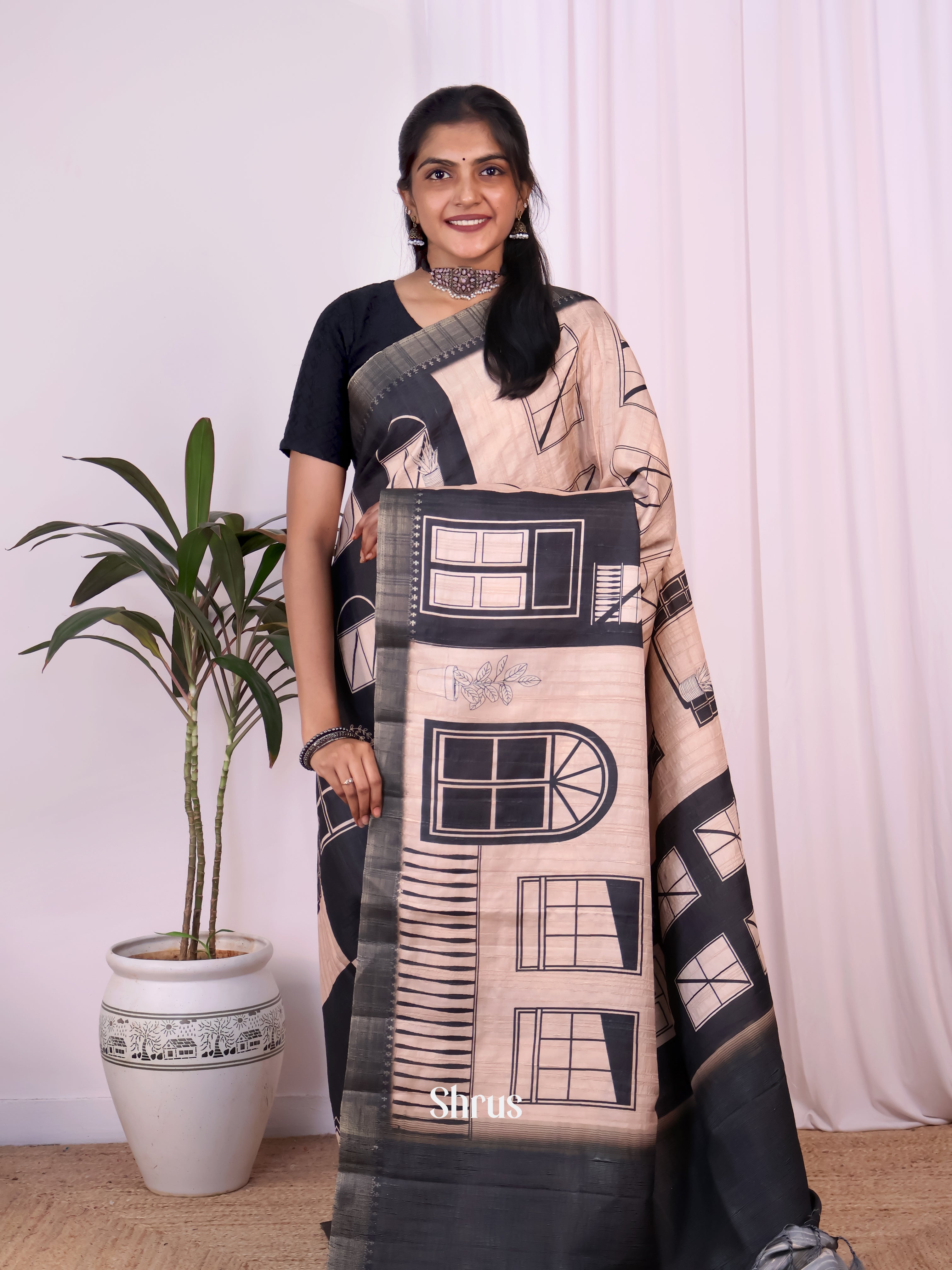 Cream & Black - Semi Tussar Saree