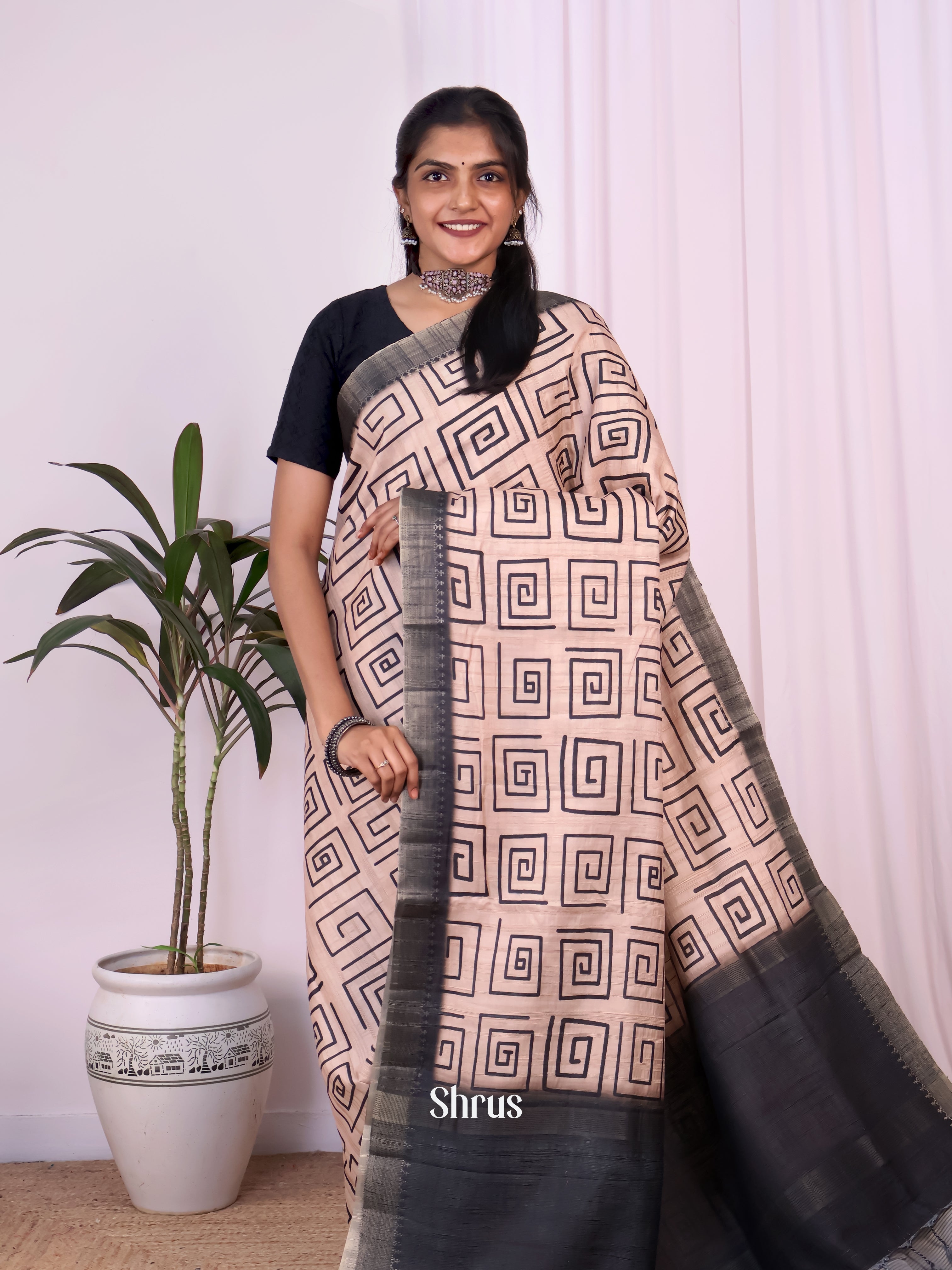 Cream & Black - Semi Tussar Saree