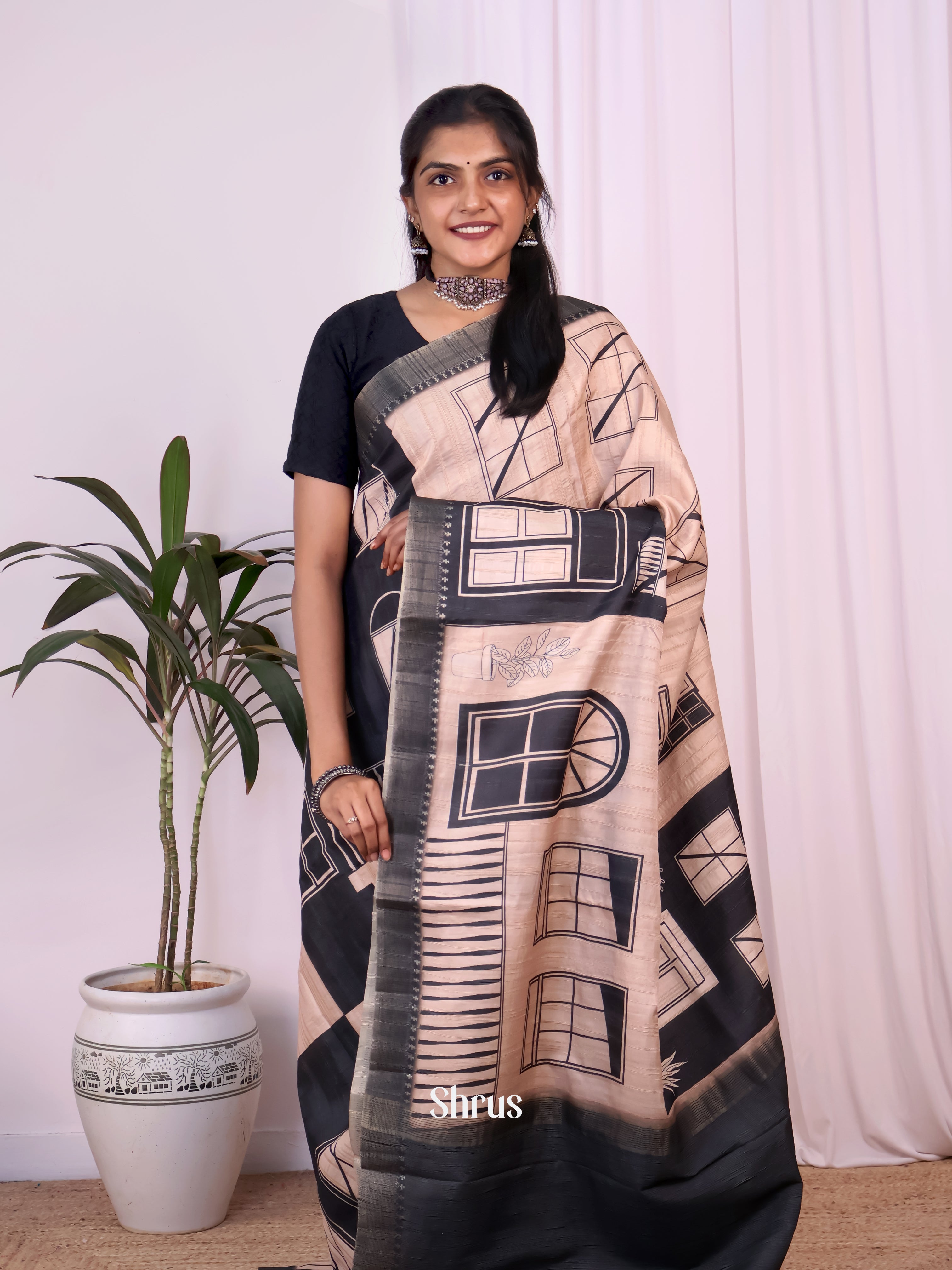 Cream & Black - Semi Tussar Saree