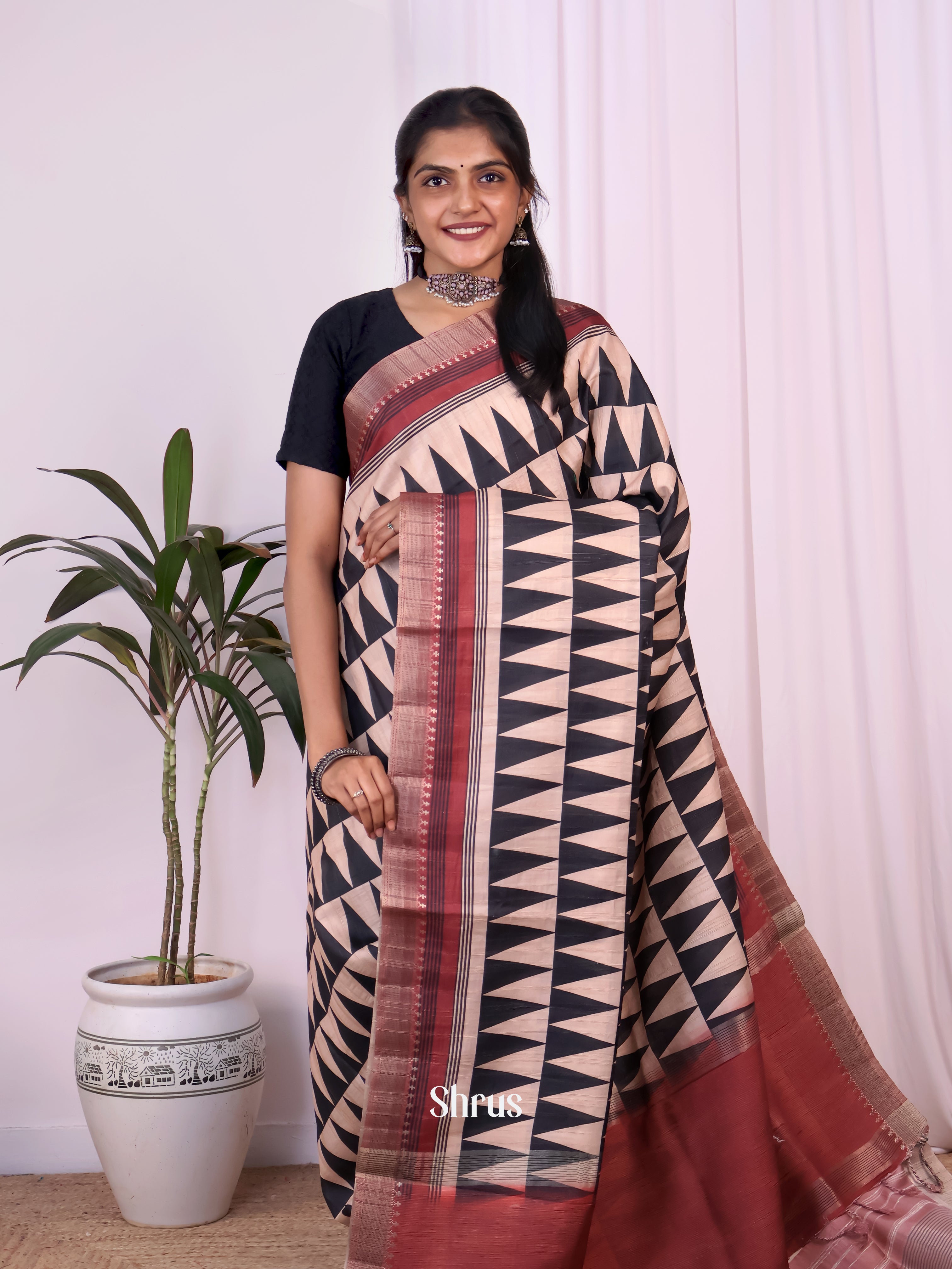 Cream & Brown- Semi Tussar Saree