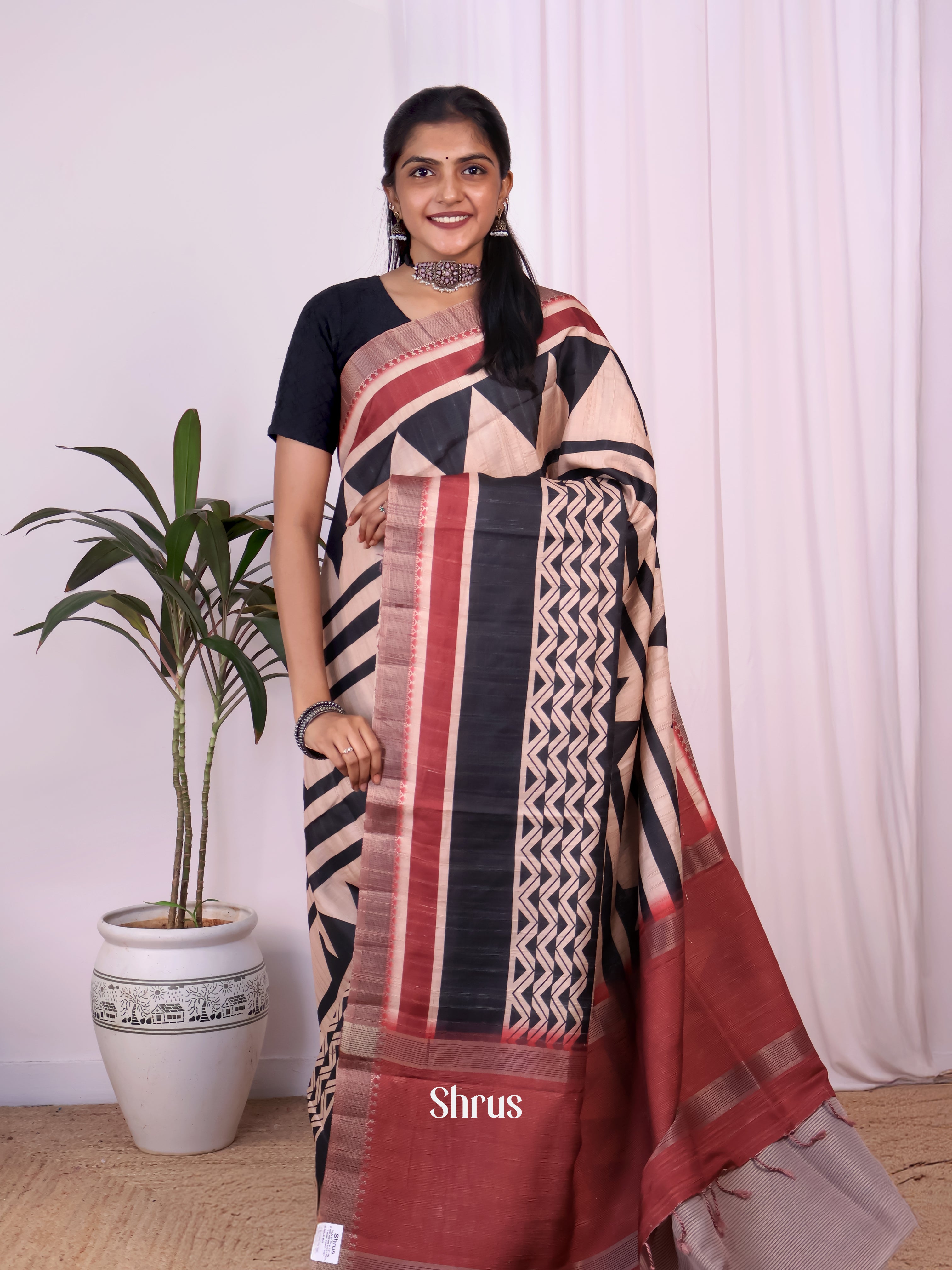 Cream & Brown - Semi Tussar Saree