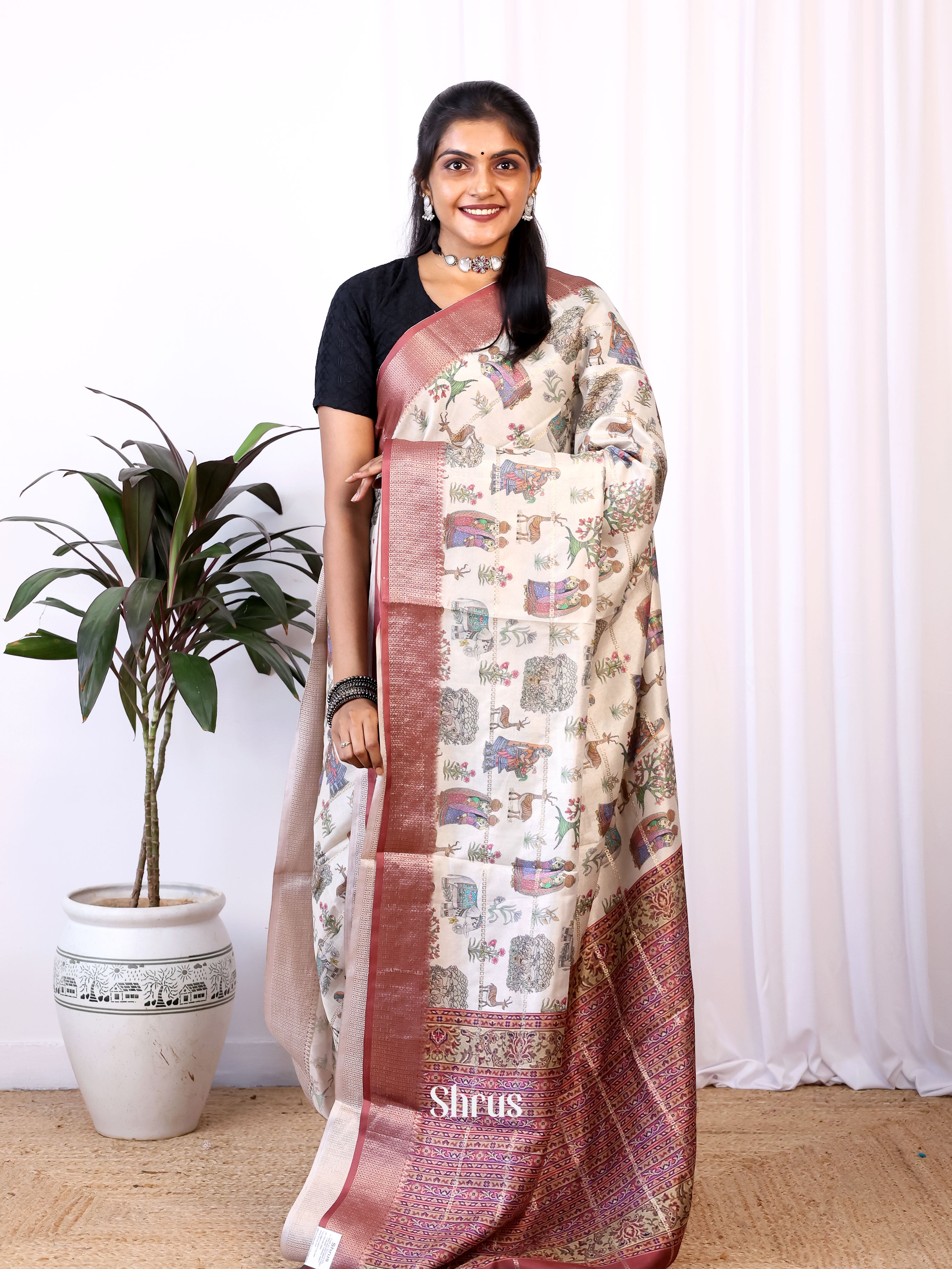 Cream & Brown  - Semi Dola silk Saree