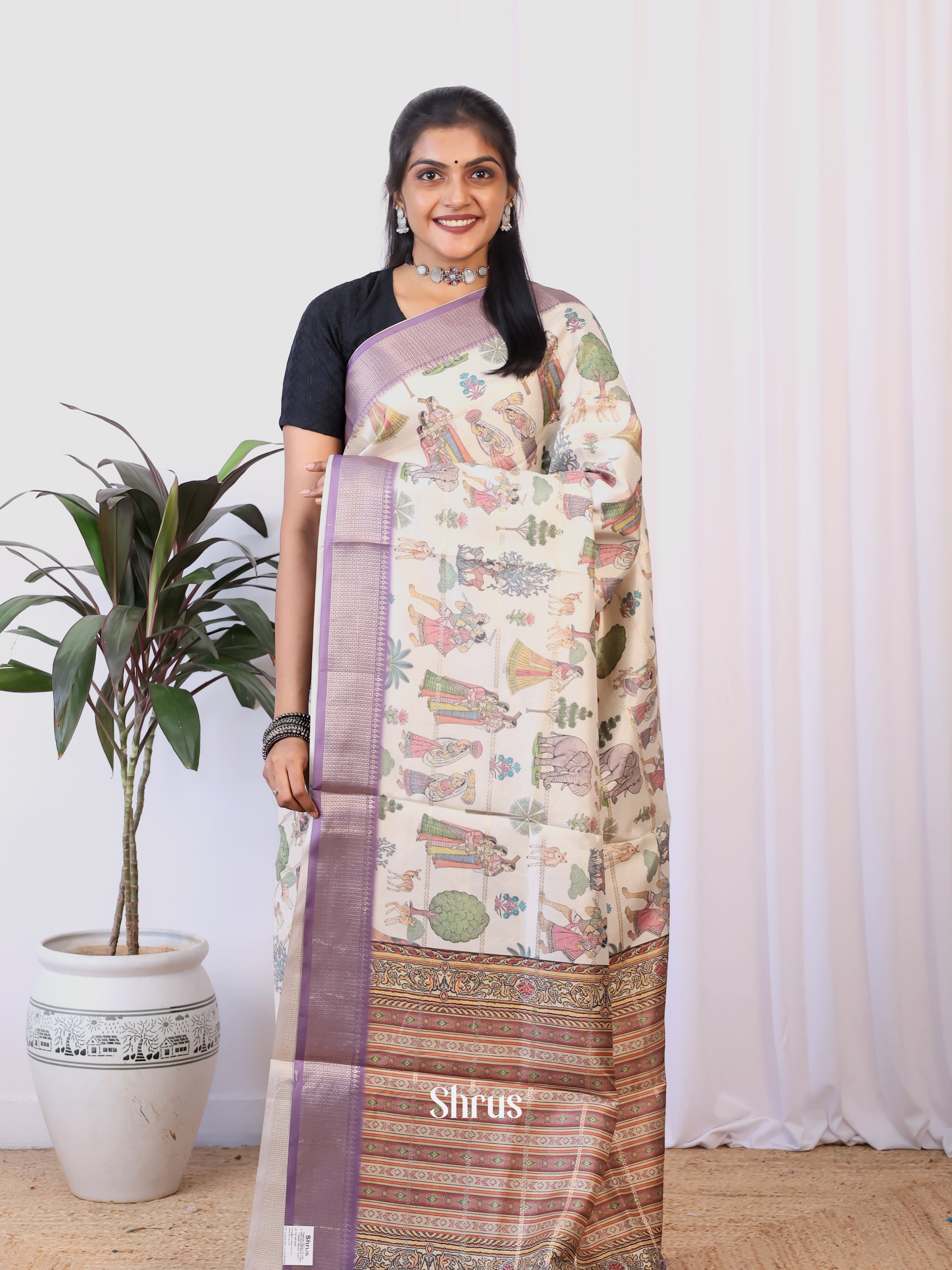 Cream & Purple- Semi Dola silk Saree