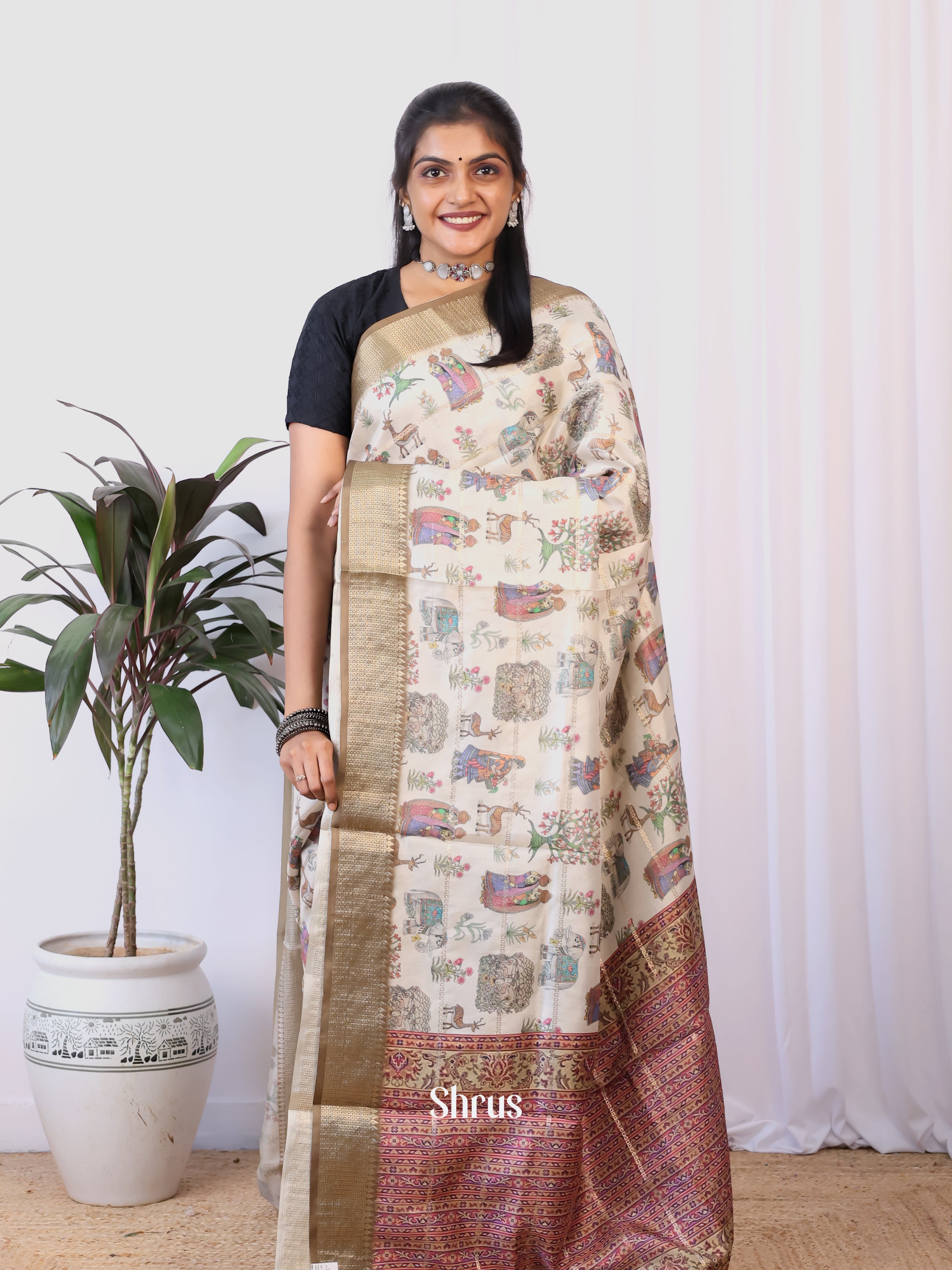 Cream & Brown - Semi Dola silk Saree