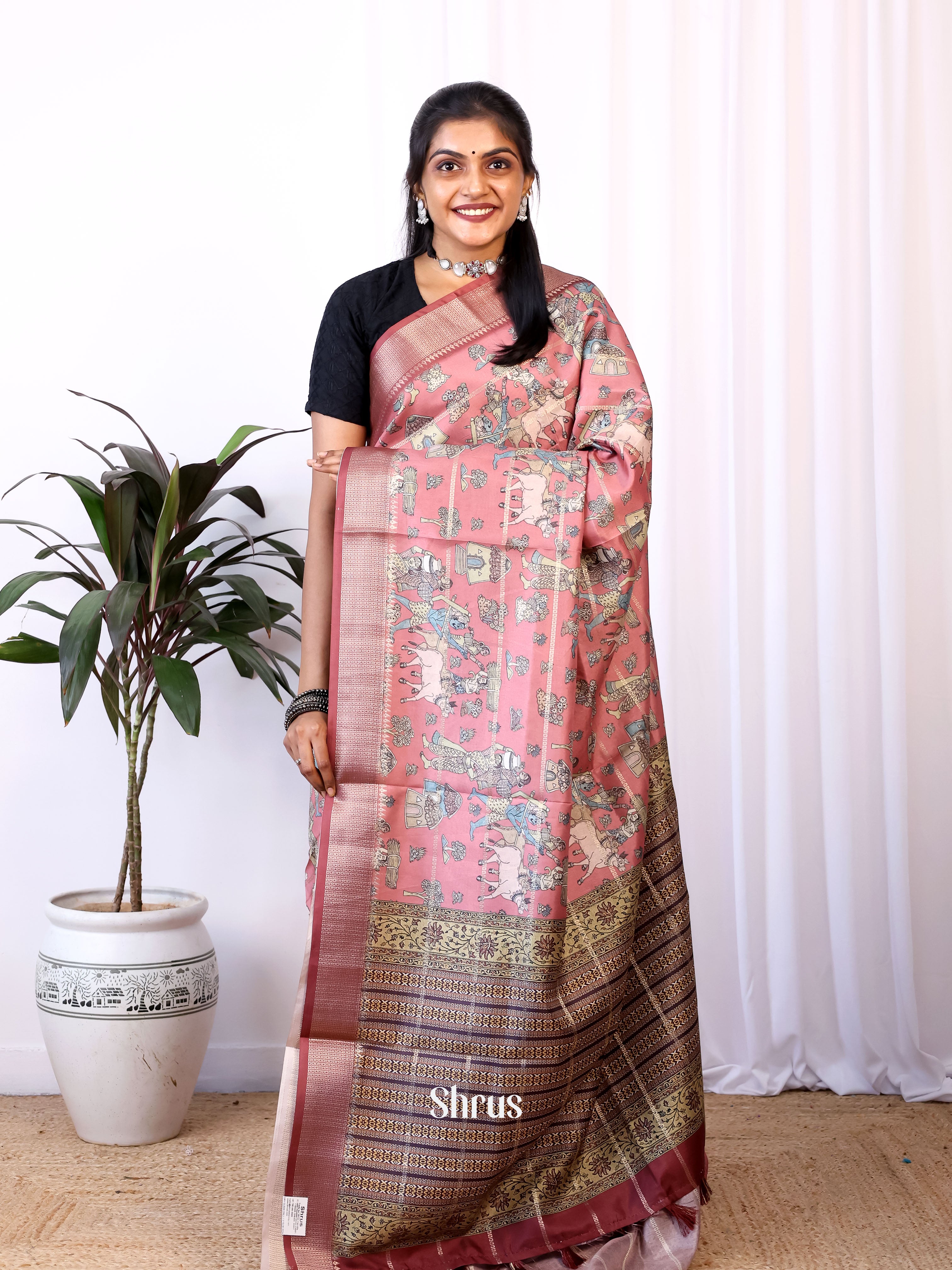 Pink & Brown - Semi Dola silk Saree