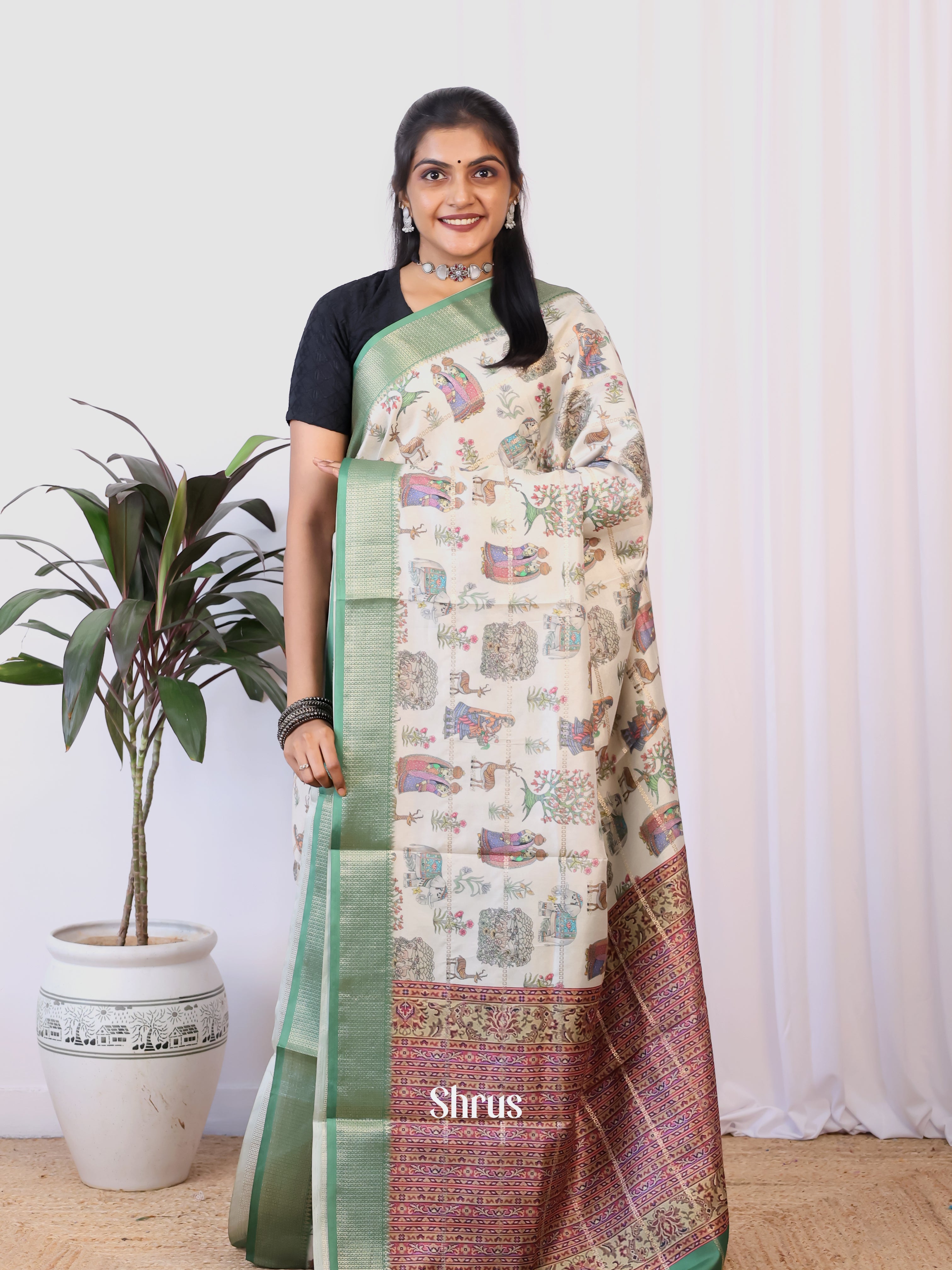 Cream & Green- Semi Dola silk Saree