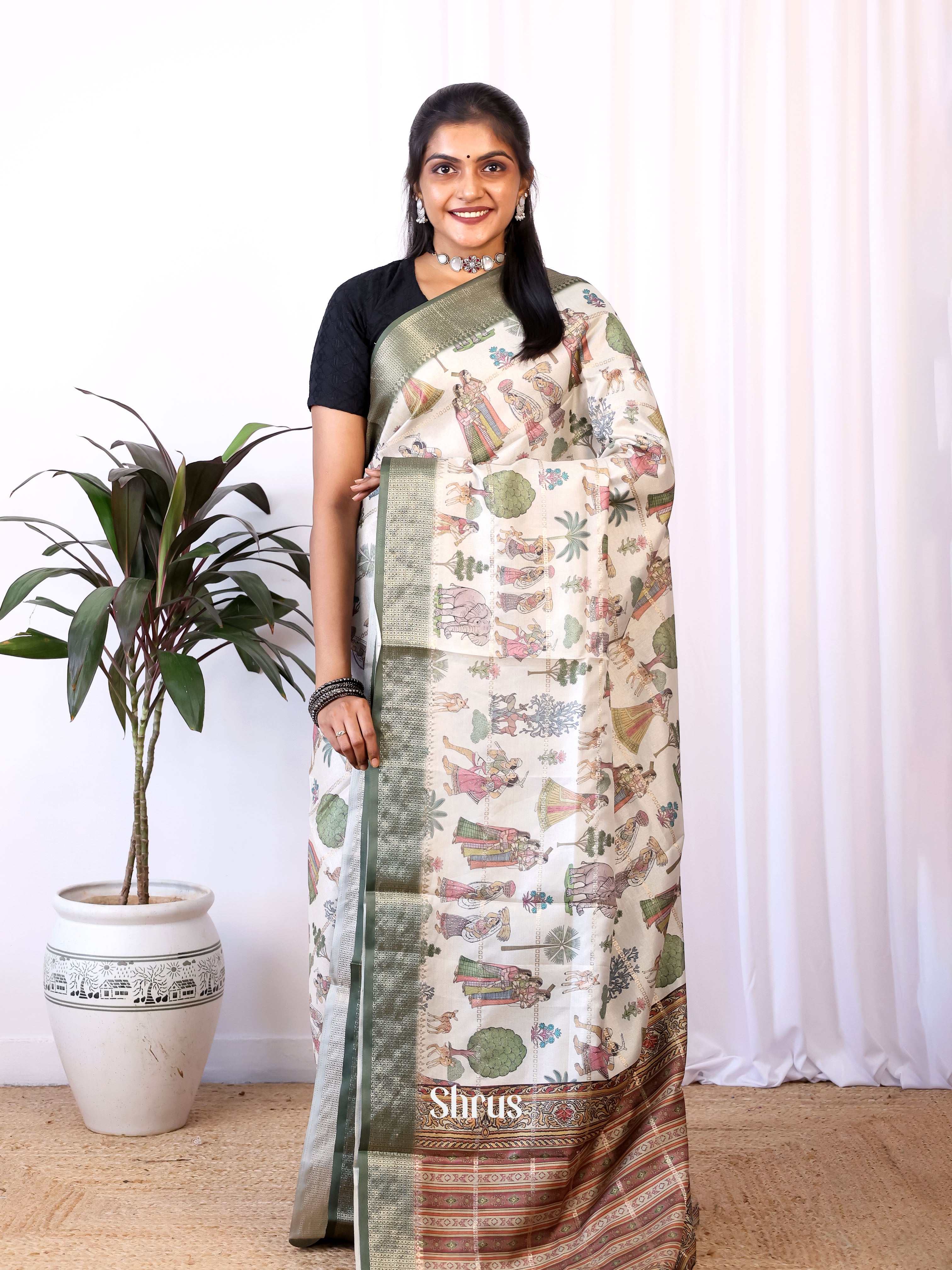 Cream & Grey - Semi Dola silk Saree