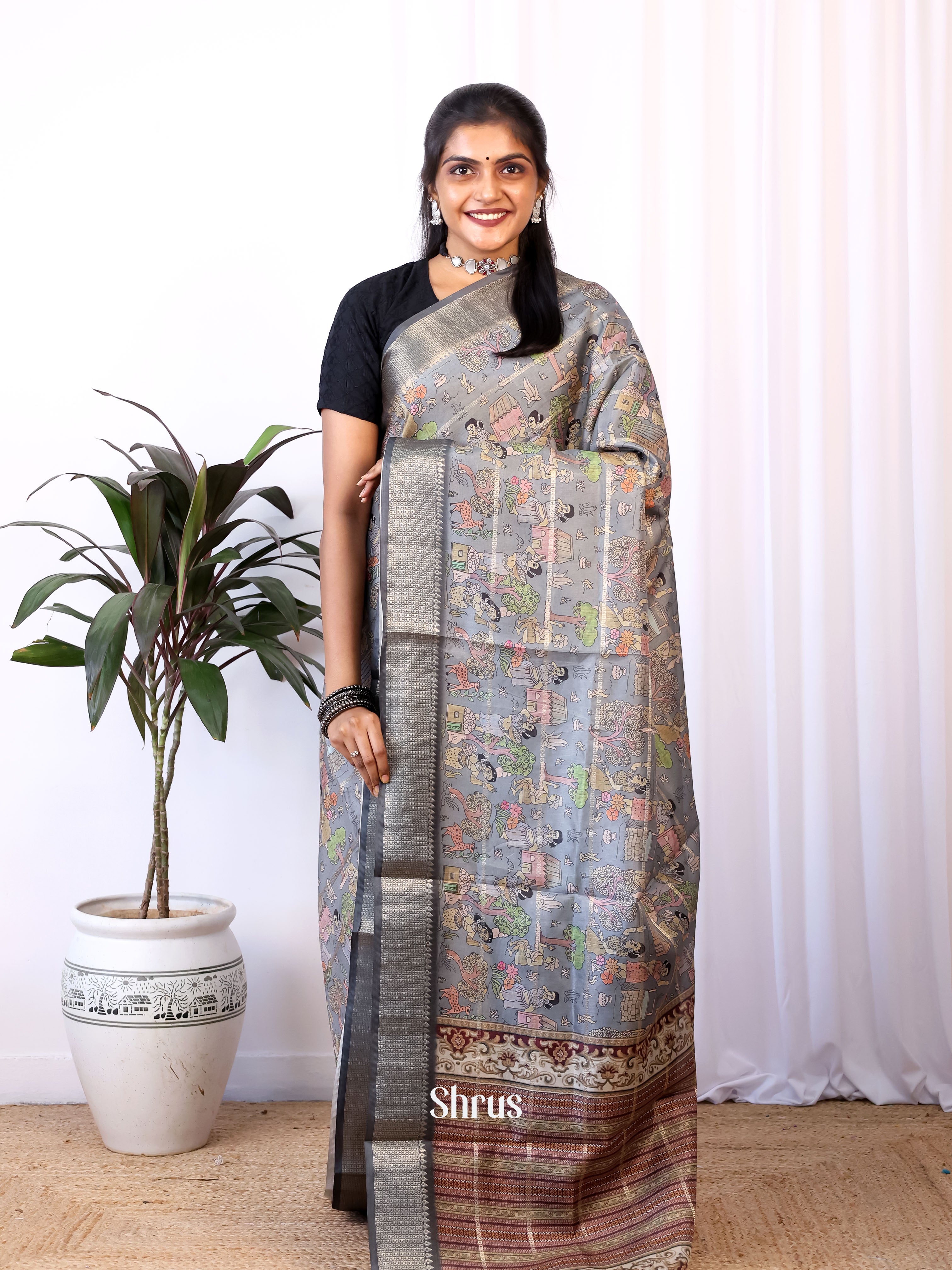 Grey - Semi Dola silk Saree