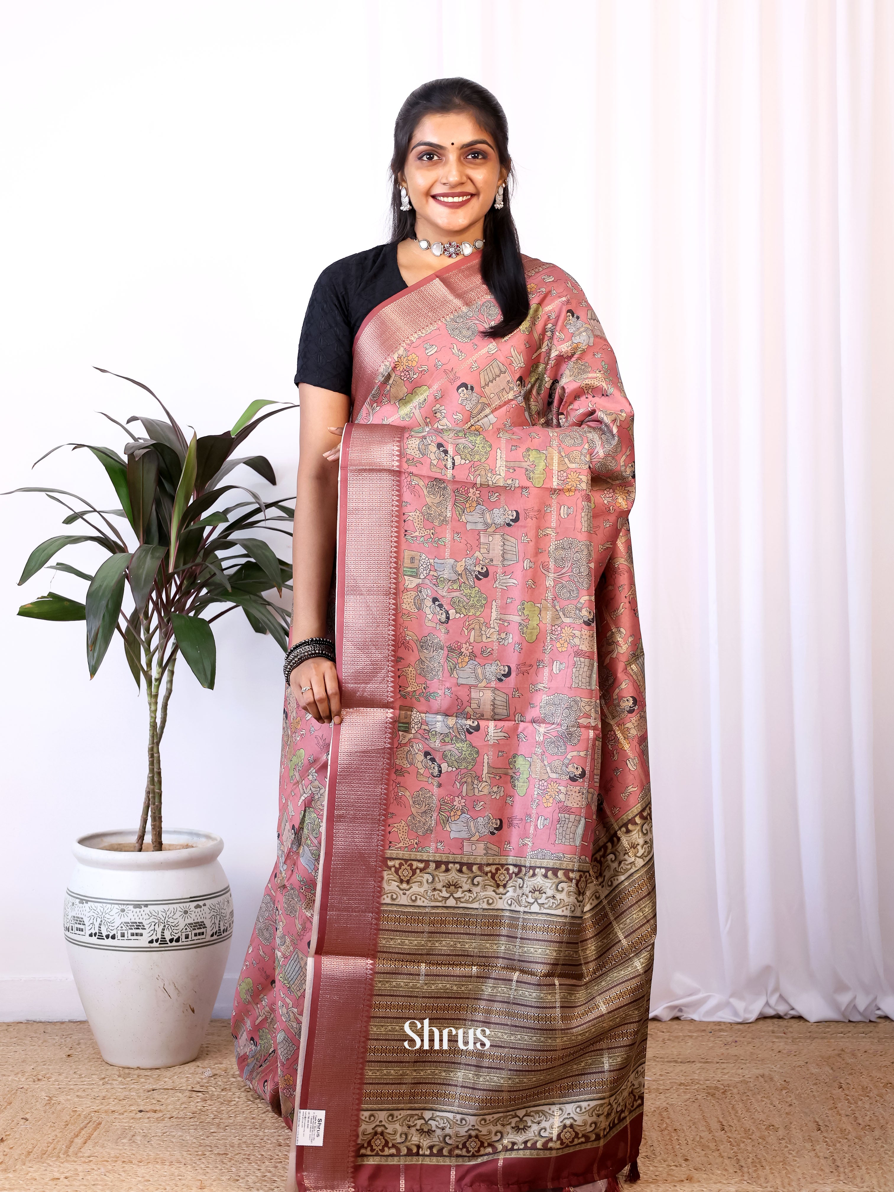 Onion Pink  & Brown  - Semi Dola silk Saree