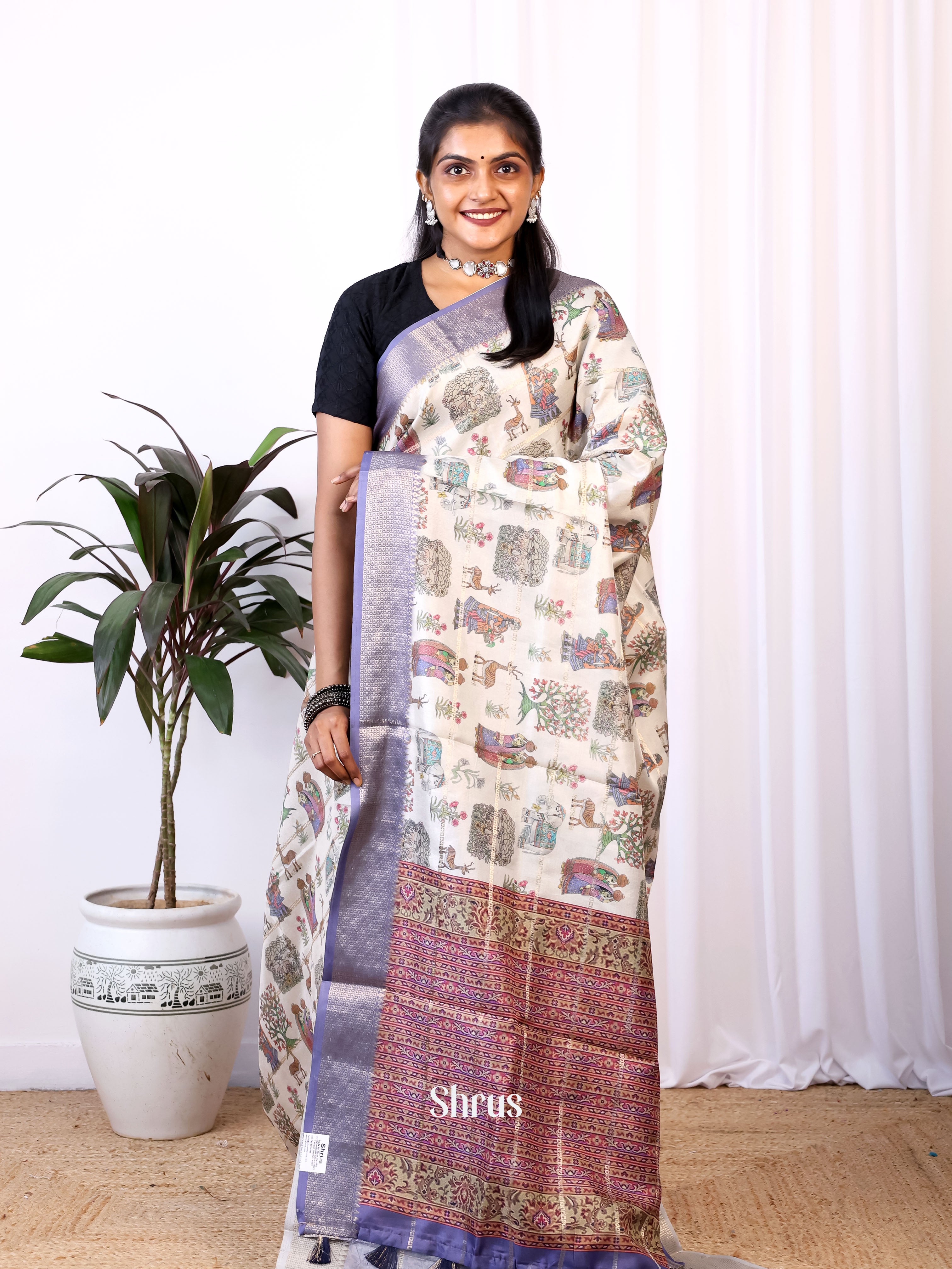 Cream & Purple - Semi Dola silk Saree