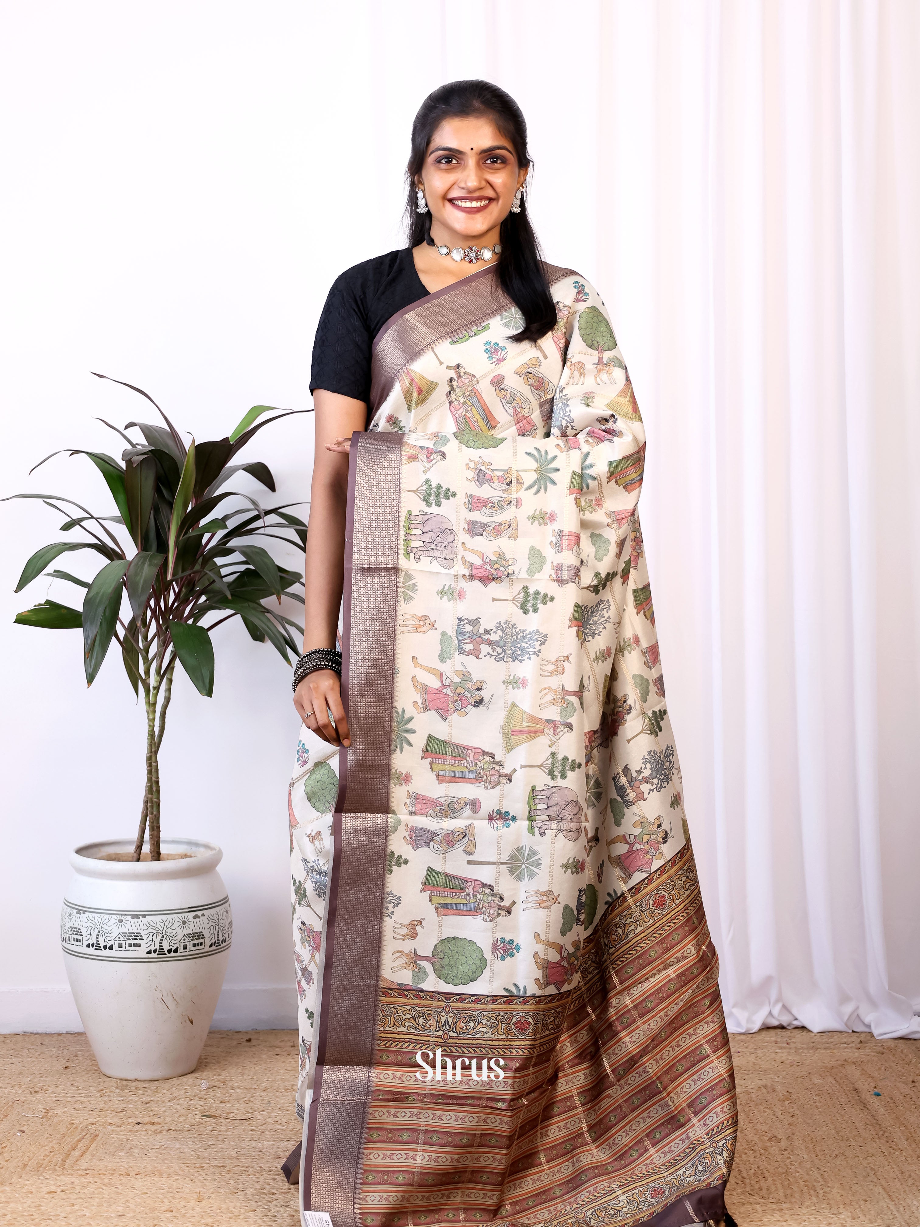 Cream & Brown - Semi Dola silk Saree