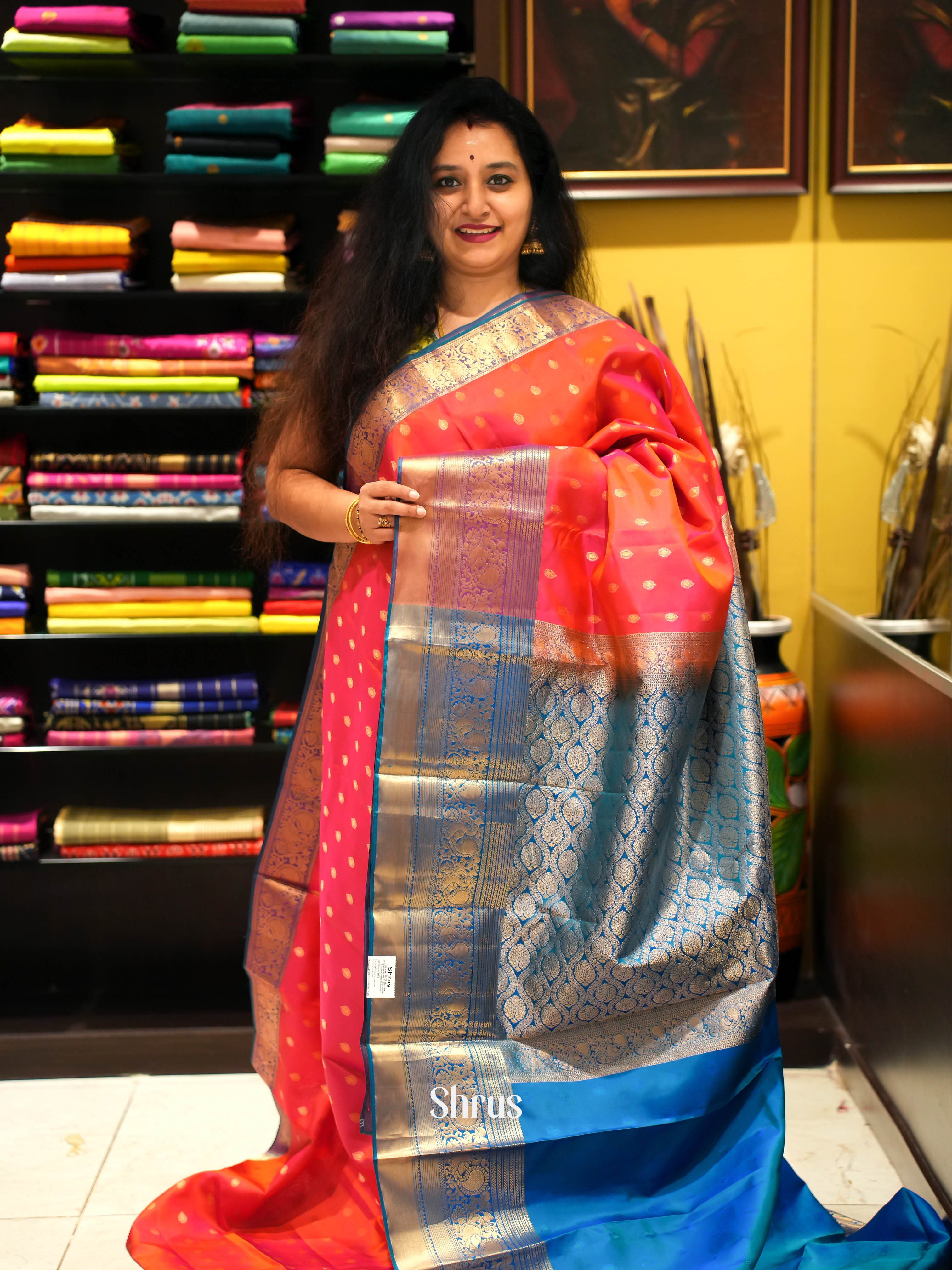 Orangish Pink & Blue - Kanchipuram silk Saree