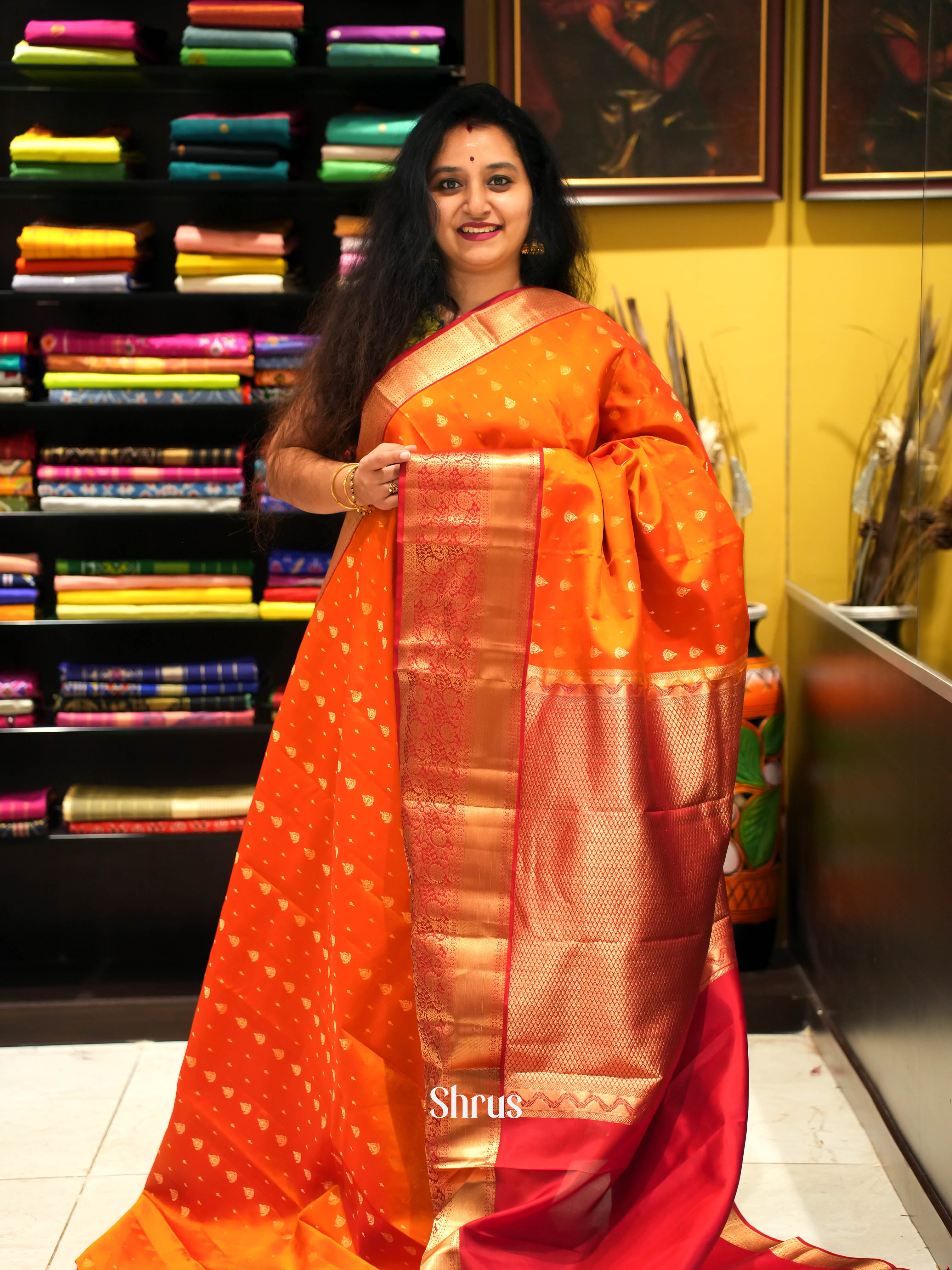 Orange & Red - Kanchipuram silk Saree