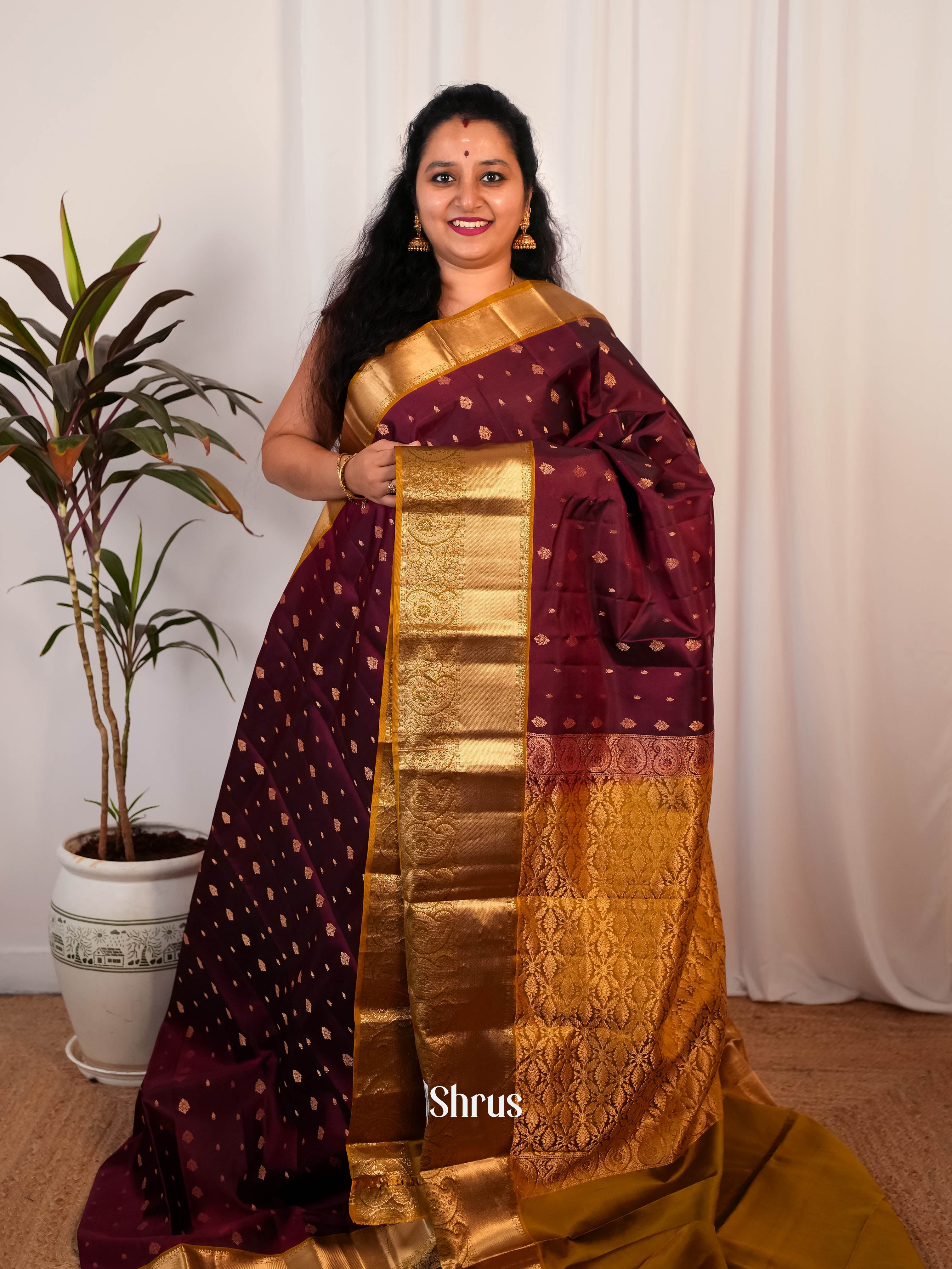 Wine & Golden Brown - Kanchipuram silk Saree