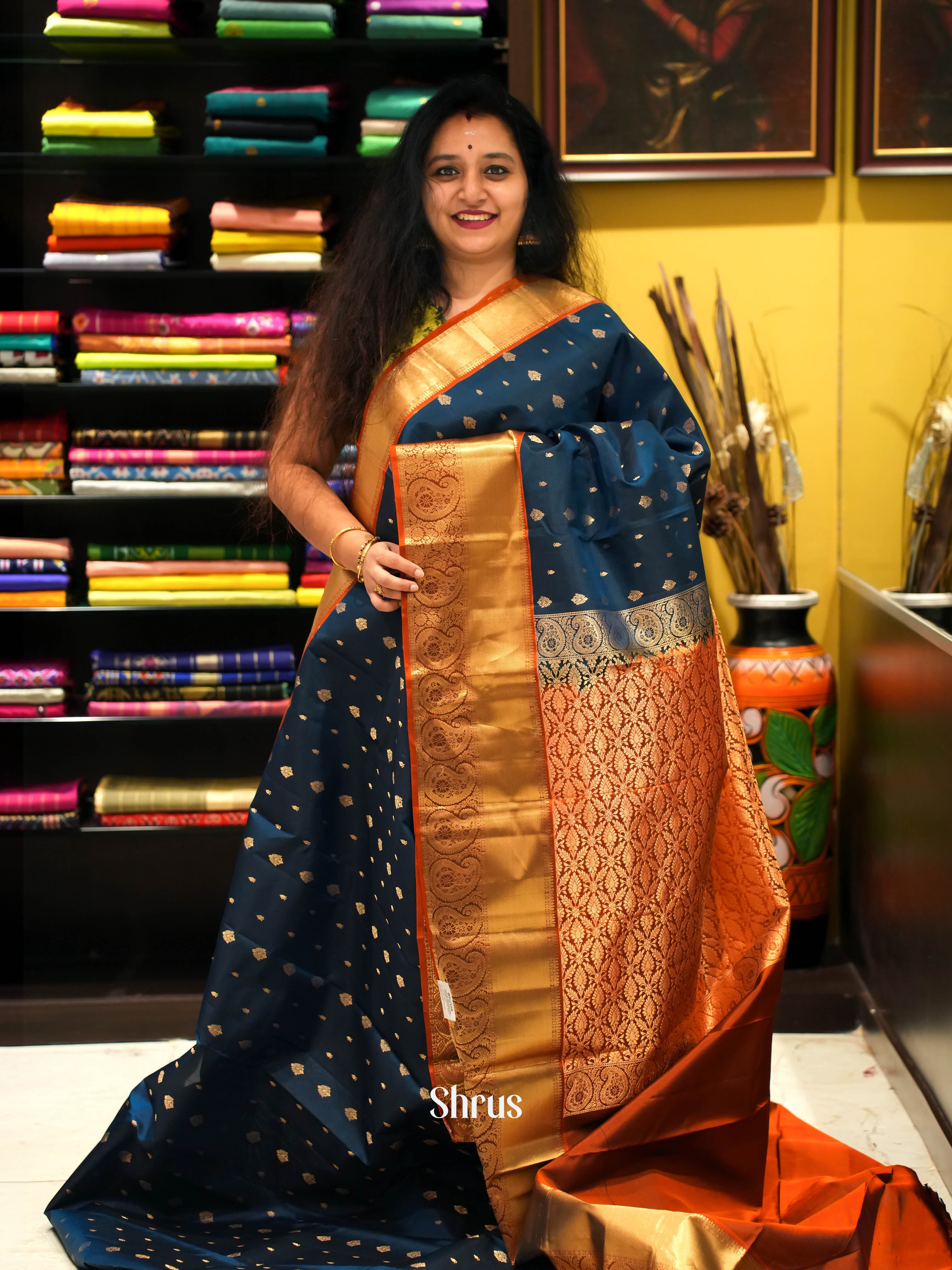 Peacock Blue & Brick - Kanchipuram silk Saree