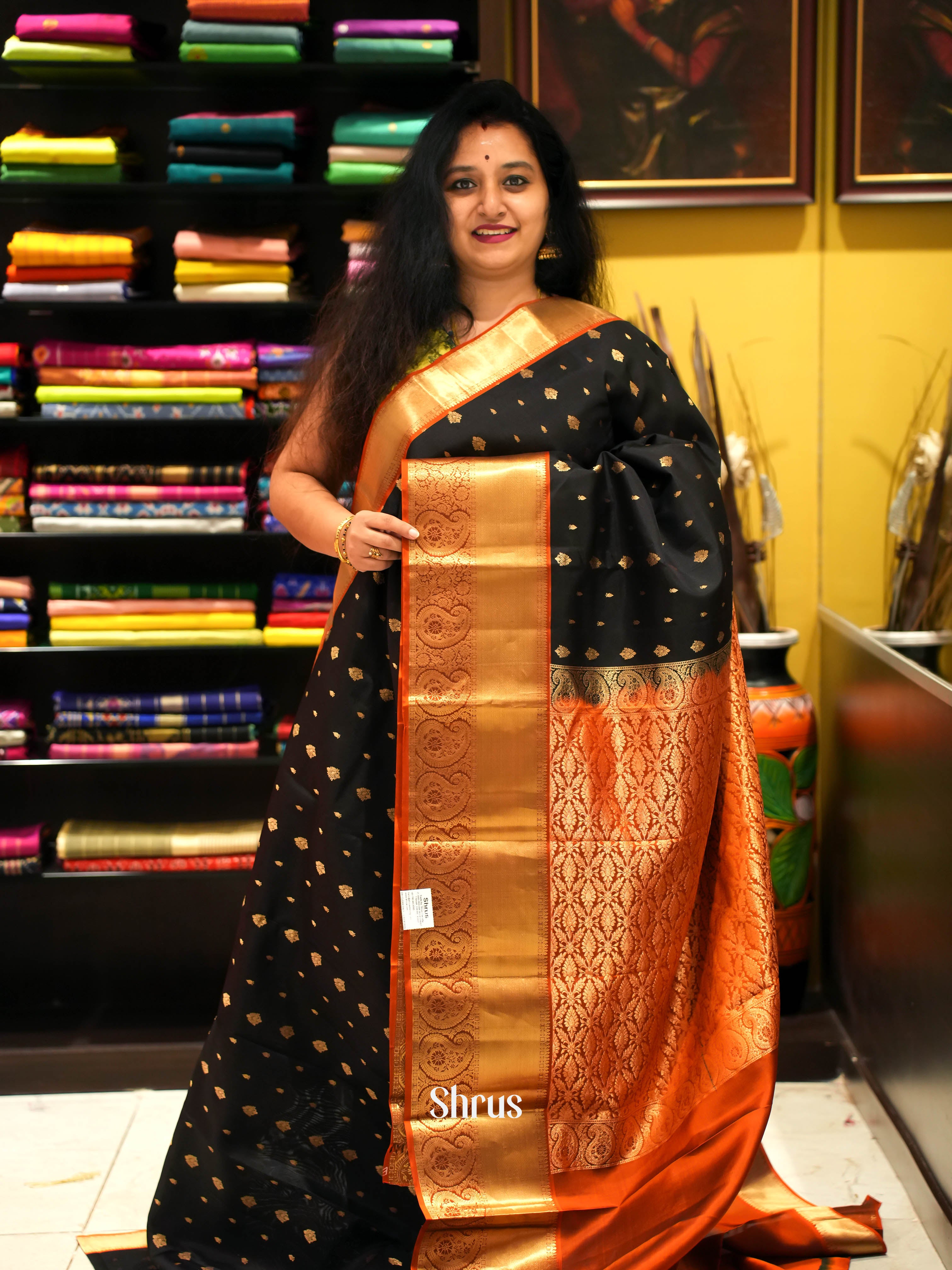 Black & Orange  - Kanchipuram silk Saree