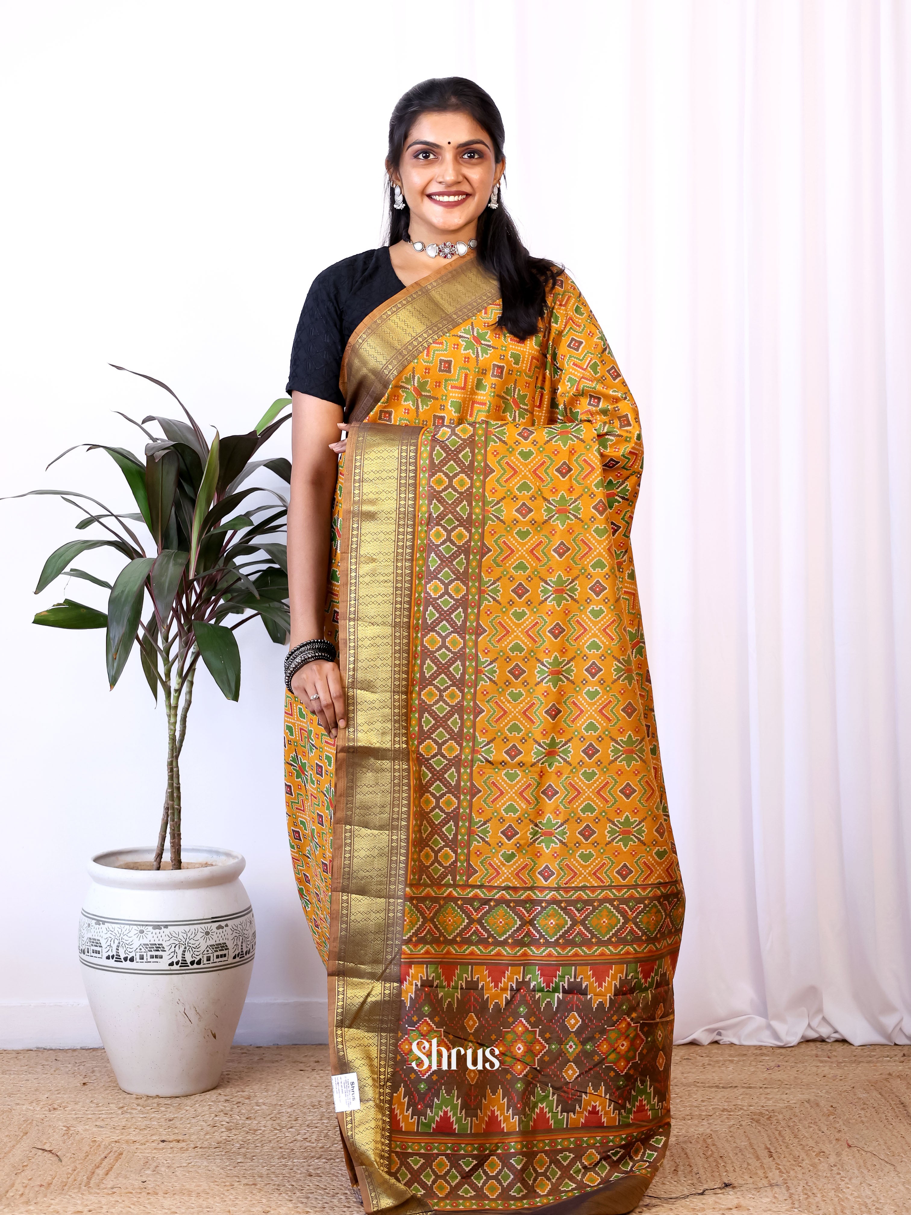 Mustard  & Brown  - Semi Patola Saree