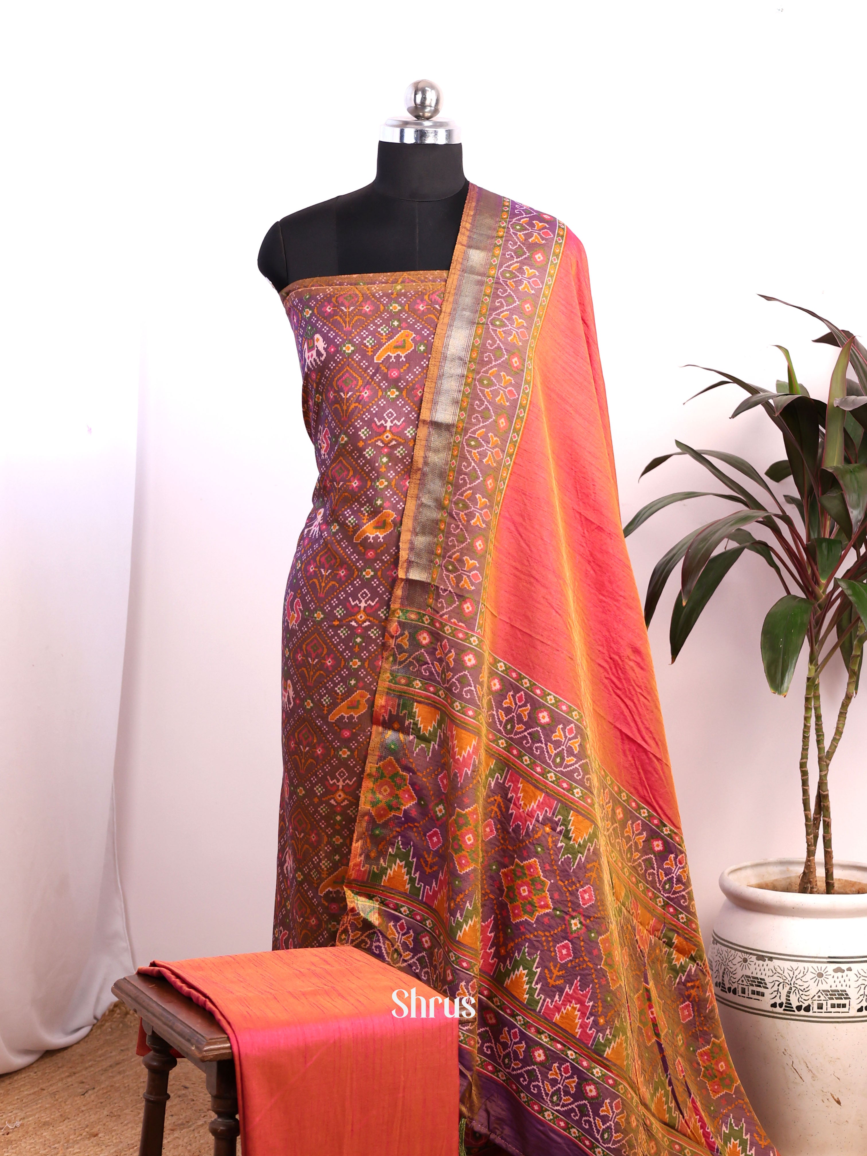 Double Shaded Purple & Brick  - semi patola salwar