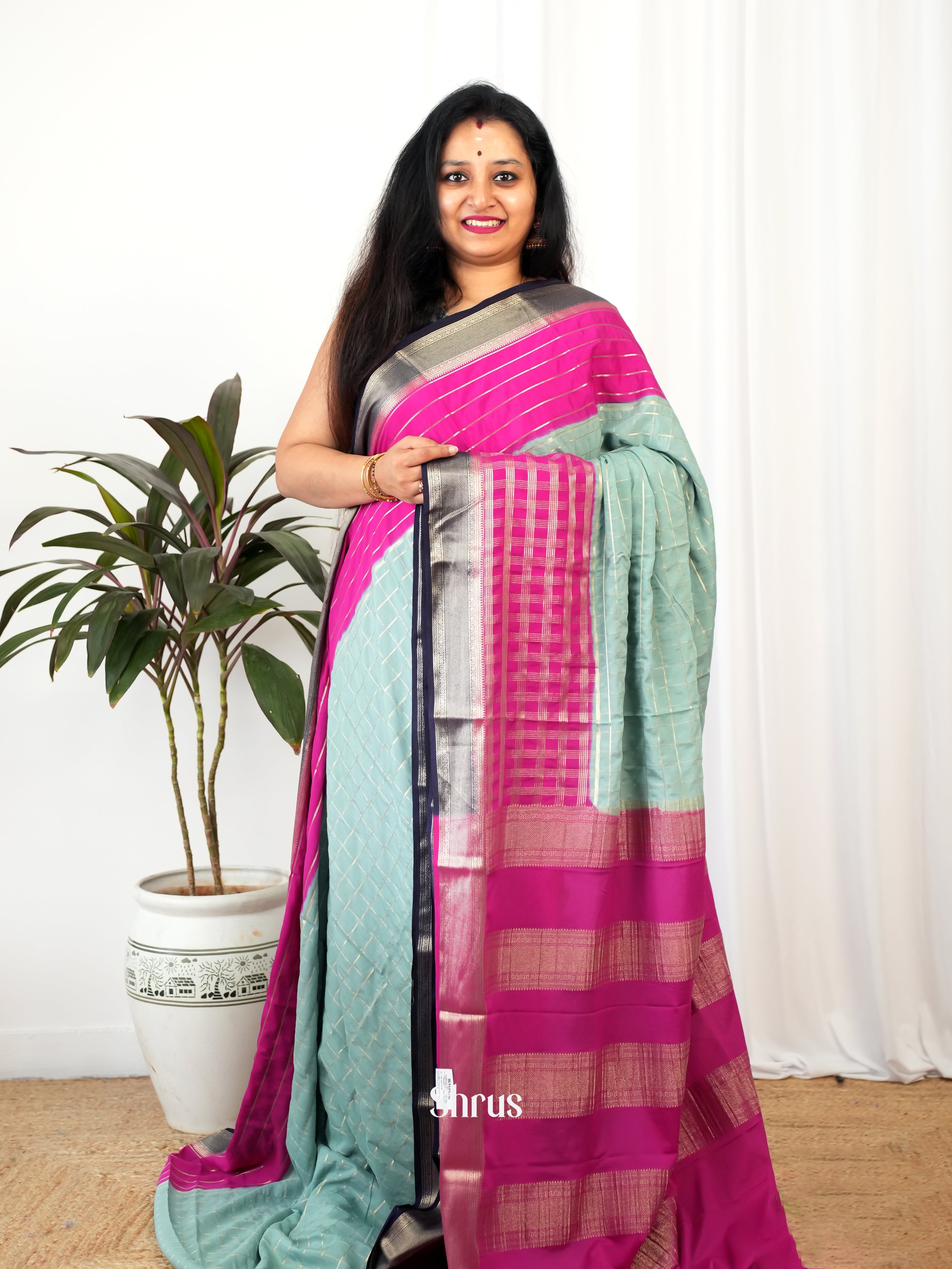 Pastel Green & Pink  - Mysoresilk-halfpure Saree