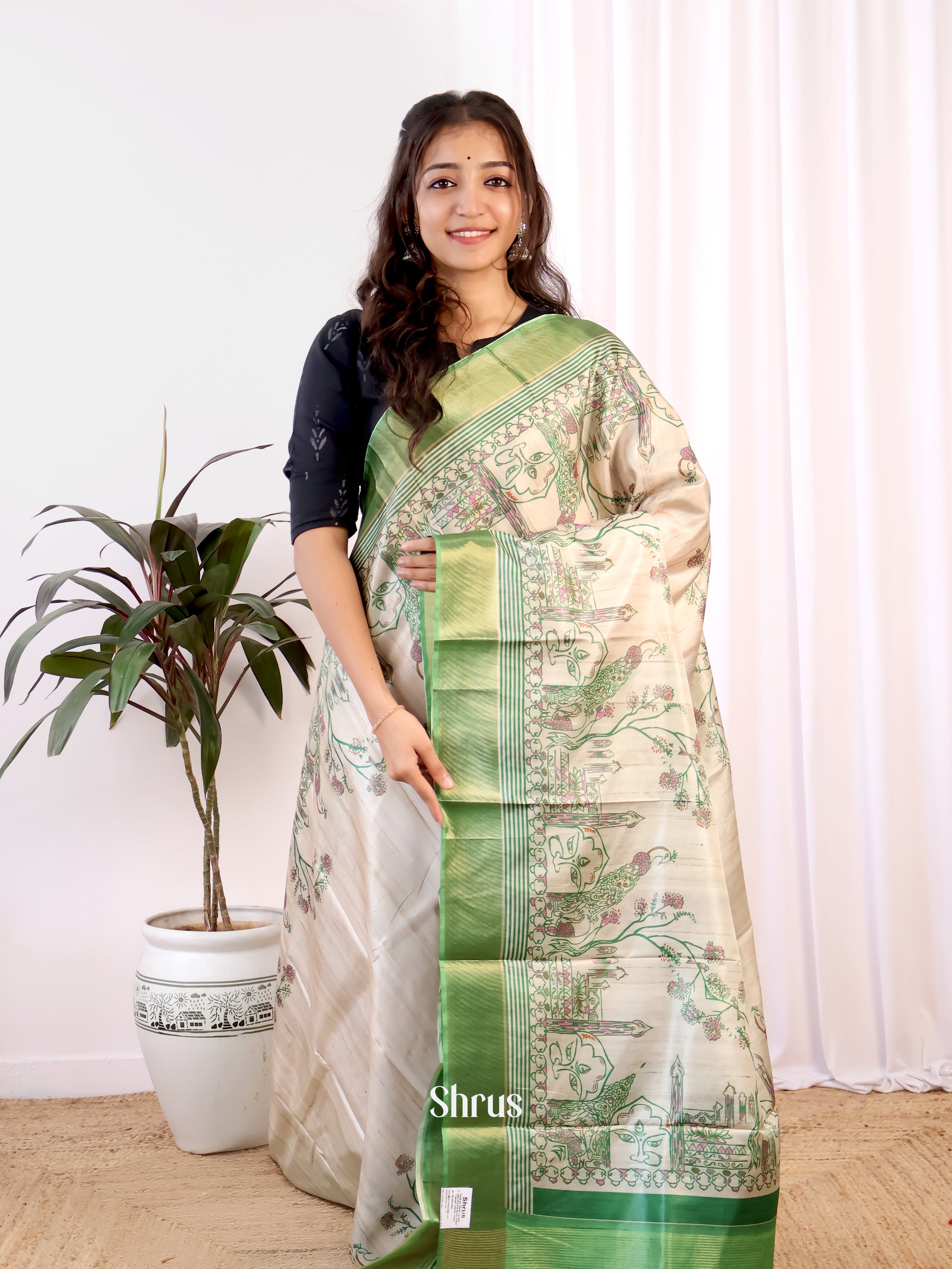 Cream & Green - Champa semitussar Saree