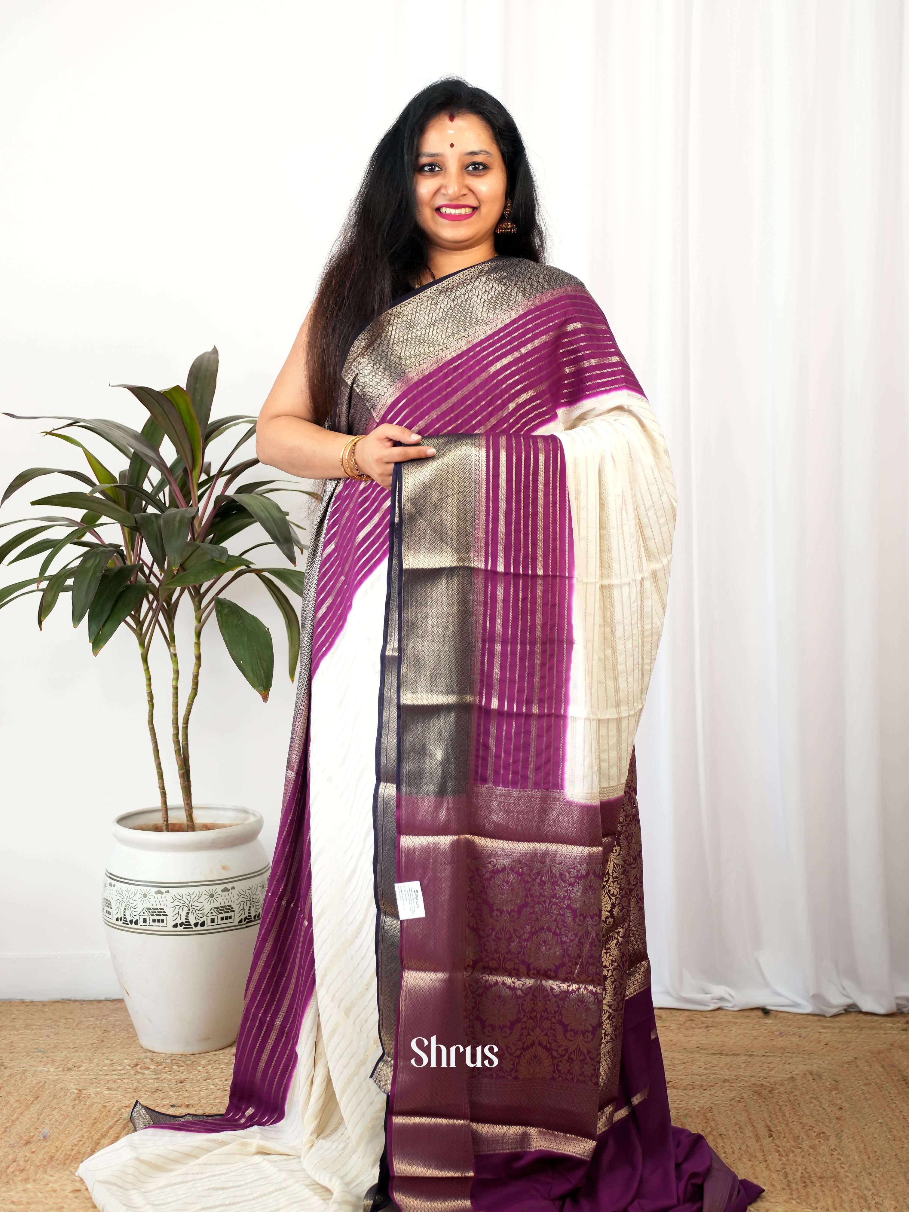 Cream & Purple - Mysoresilk-halfpure Saree