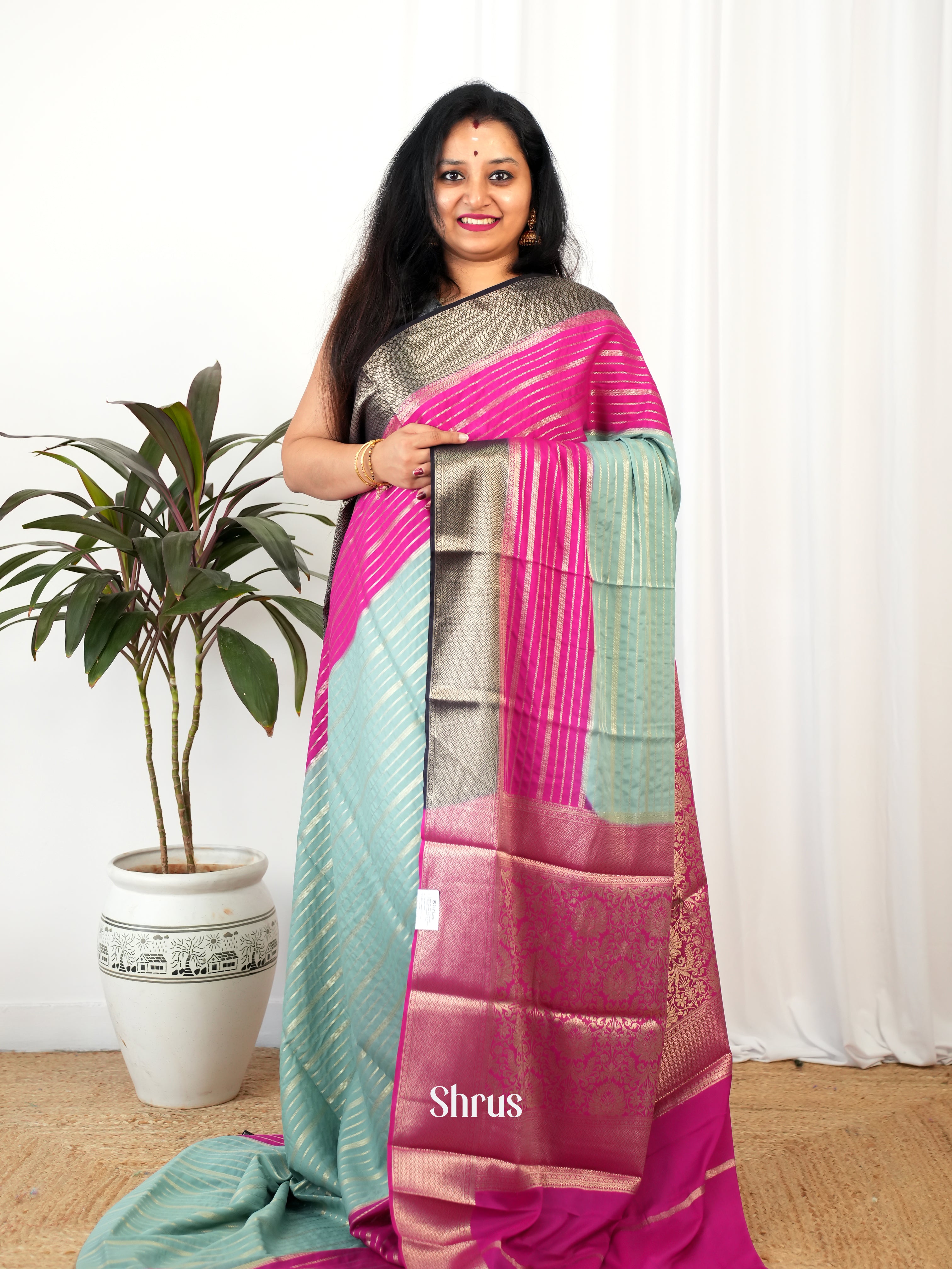 Pastel Green & Pink - Mysoresilk-halfpure Saree