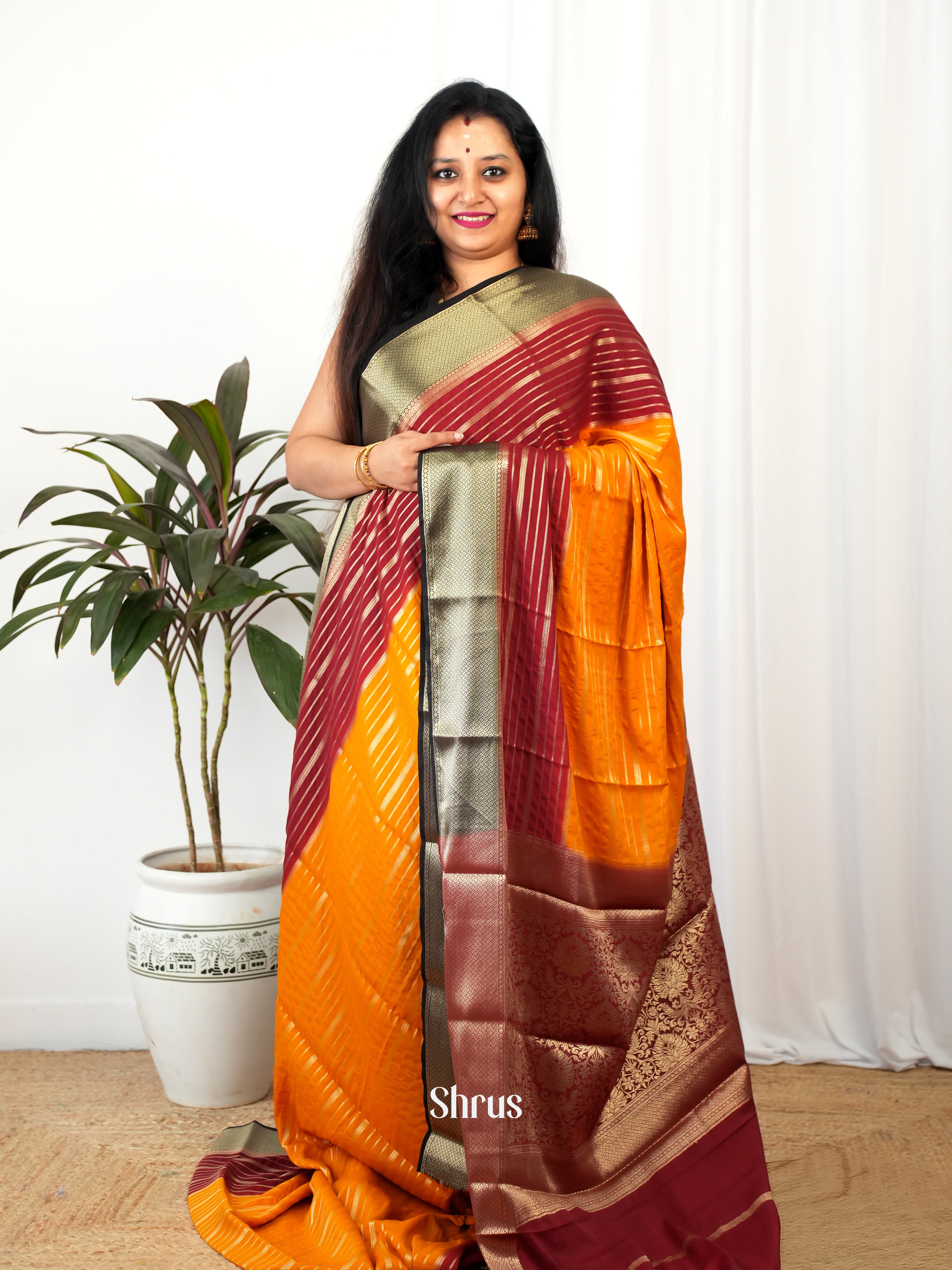 Orange & Maroon - Mysoresilk-halfpure Saree