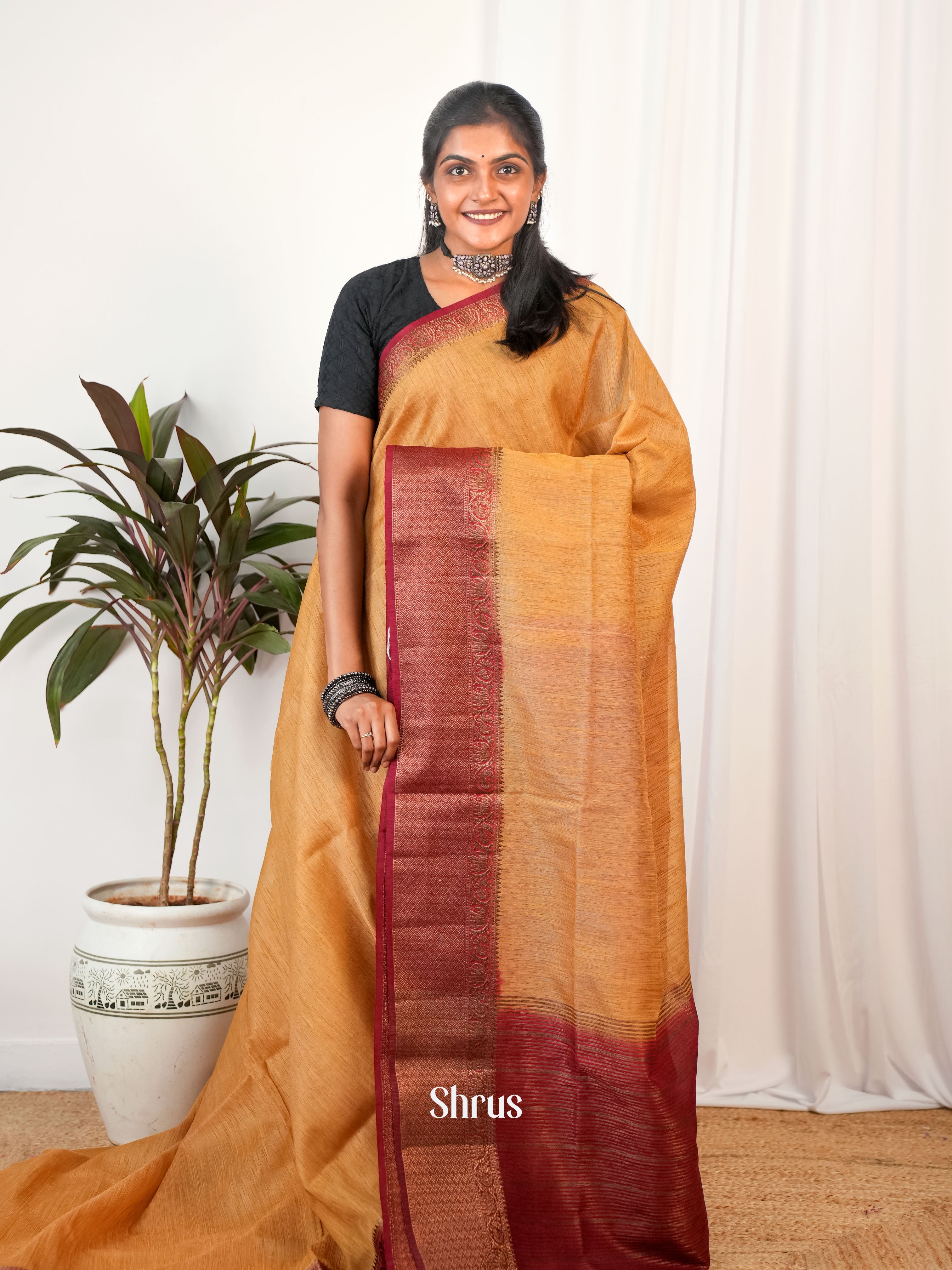 Brown & Maroon - Semi Jute Saree