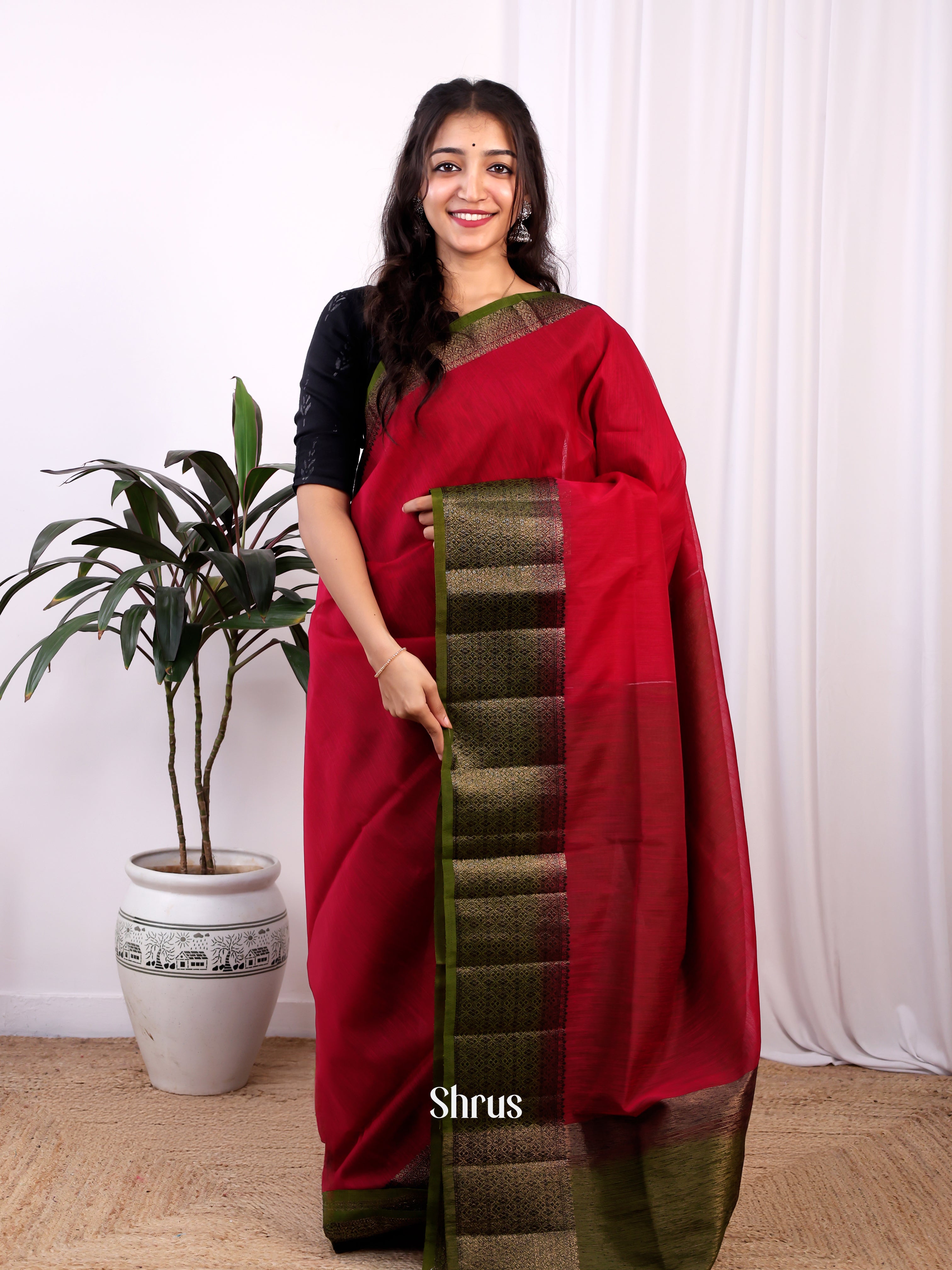 Red & Green -Semi Jute Saree