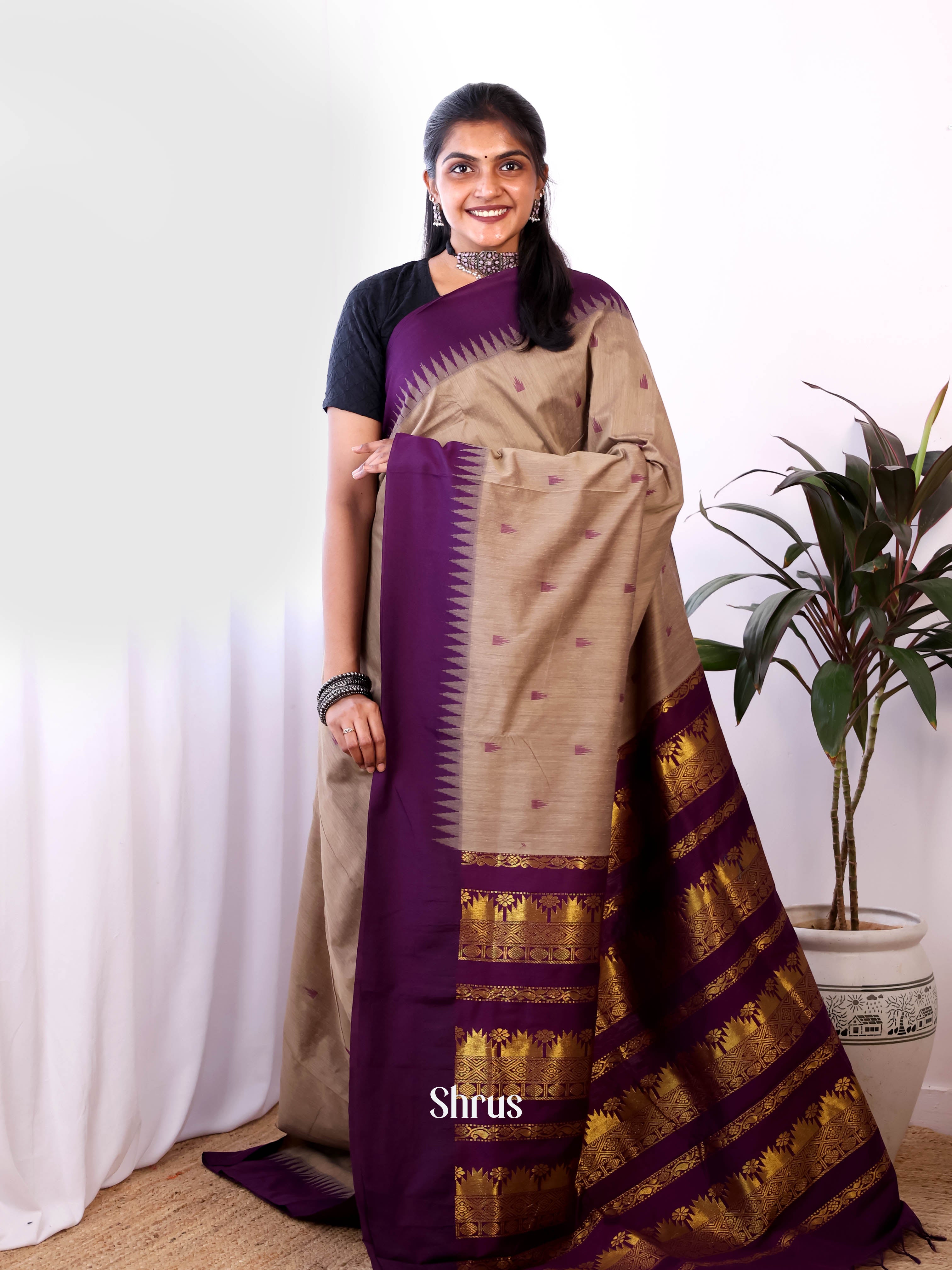 Brown & Violet - Kalyani Cotton Saree