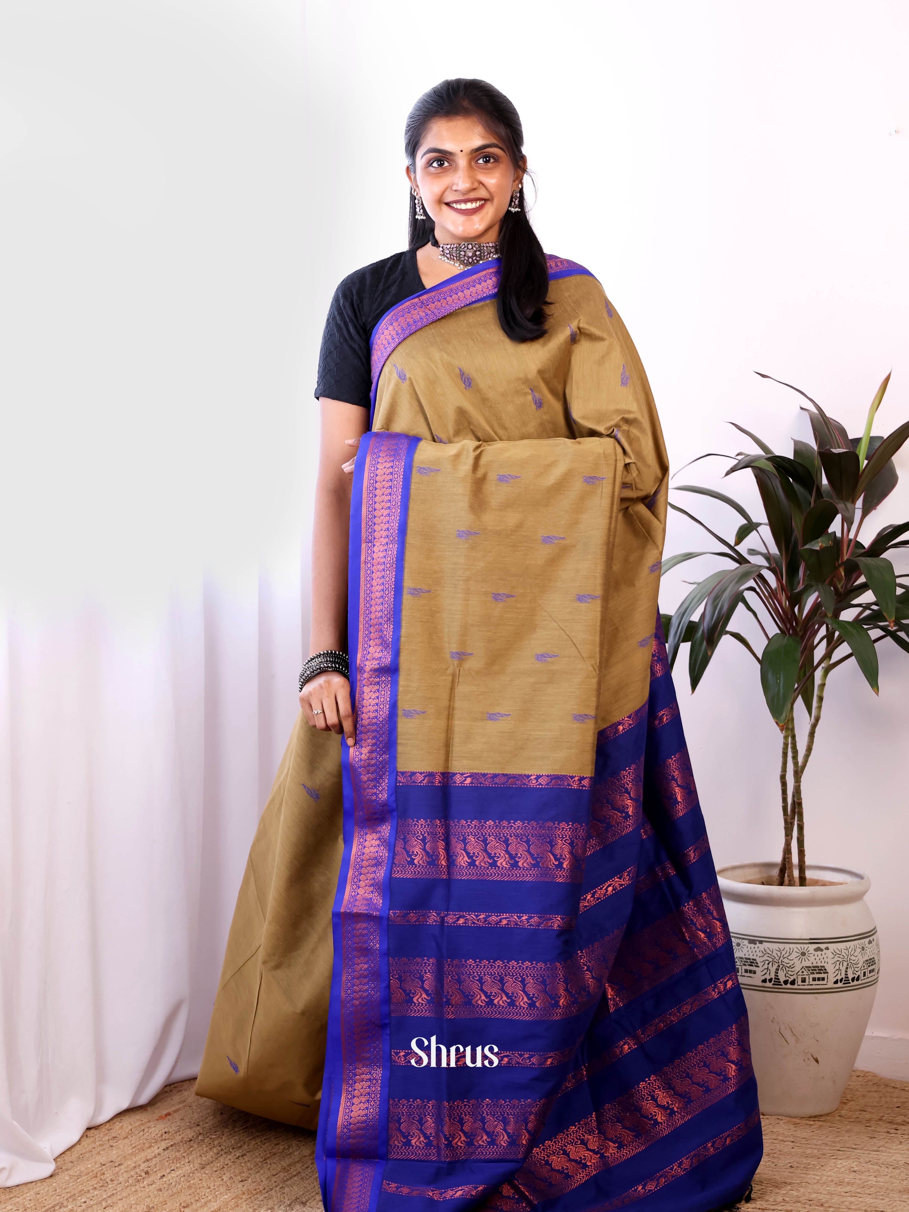 Beige & Blue - Kalyani Cotton Saree