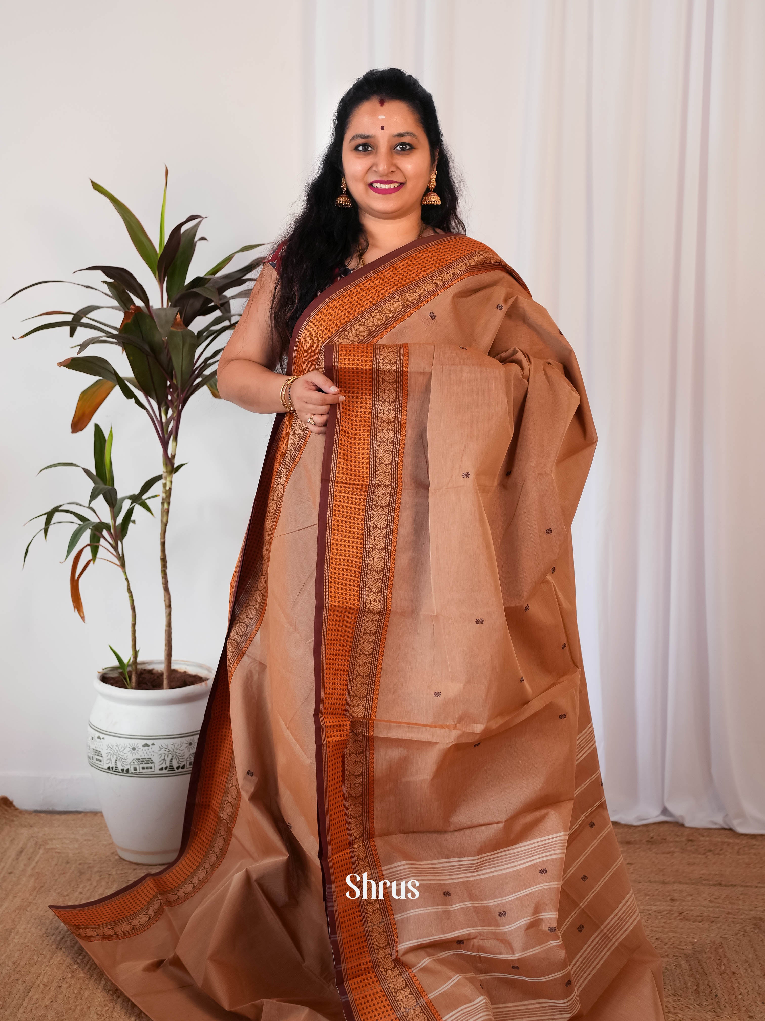 Lite Brown & Brown - Chettinad Cotton Saree